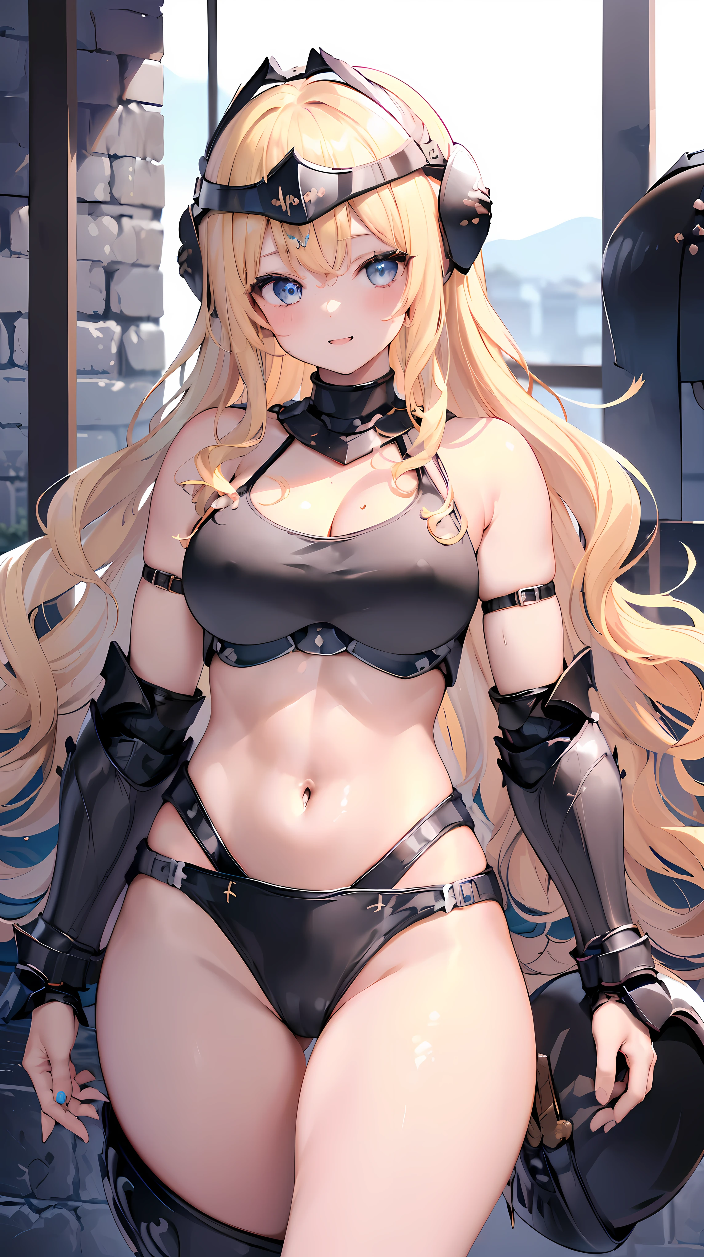 Very detailed、highest quality、Best image quality、masterpiece、8k、Anime Face、A kind smile、Open your mouth、Sparkling blue eyes、(Blonde wavy hair:1.5)、、Muscles of the whole body、camisole、Thigh belt、mini skirt、(Wearing black bikini armor:1.5)、(Cowboy Shot:1.5)、(Leg armor:1.5)、(Wearing a helmet:1.5)