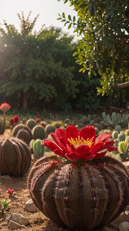 Create the landscapes photography of red cactus flower, background of the macros is flower garden.