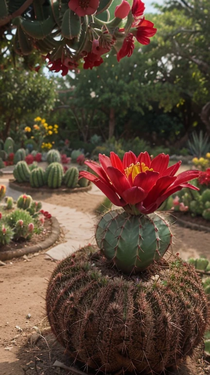 Create the landscapes photography of red cactus flower, background of the macros is flower garden. 