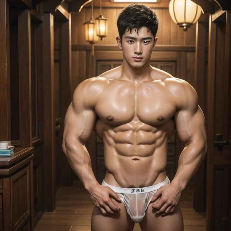 1 handsome Chinese guy,wet body, wet hair, 18-year-old male high school student,majestic,Who is Shi Yu?, Li Yuanbin, Kim Hyung Tae, Kim Hyung Tae, Yin Shishan, Wang Yi Bao, Handsome Chinese muscular guy,Broad shoulders and narrow waist,A handsome guy wearing white brief, wet skinny brief, transperent underwear ( see through),Form-fitting fabric contours the bust, bare chest,in a buddism pagoda,buddism statues background, detailed background, hands tied behind back,Hands tied behind the back,hands tied top the head,Masculine and sexy,High,Muscles look good,manly, hairy body,Wheat complexion,black eyes(thin eyes 1:3),whole body image, bare butts, nice butts, big bulge , long big dick masturbate, perfect dick, dick in good shape, open legs
