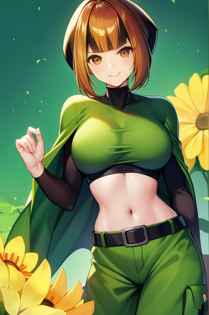 masterpiece、highest quality、Pokémon、nathan、Colossal breasts mature woman、Colossal breasts mature woman、colorful hair、green capellet、（（（green cape）））+++、（（（green cape）））+++、（（（green cape）））+++、black shirt、long sleeve、abdomen、belt、orange shorts、big breasts、Upper body、smile、look at viewer、Wrinkled between the eyebrows、forest、bee、garden、flower