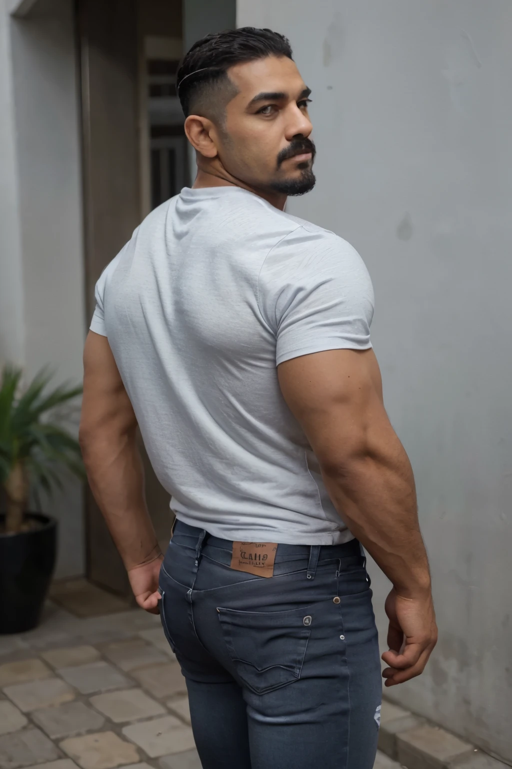 Obra maestra, mejor calidad, ultra detallado, 1 hombre, macho maduro, muscular, Big butt, pedazo, bara, deportista, carne de res, negro skin, negro, piel bronceada, latino, 36 years old, negro hair, gray fur, barbas de chivo, cabello muy corto de los lados,, serious expression, camiseta gris, Tiro de medio cuerpo, science fiction background, ((blue white jeans)) backside man