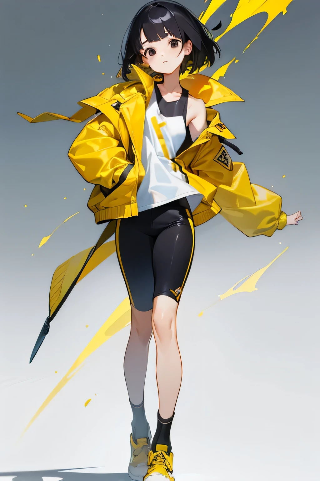 1girl, (free fire) kelly, japanese girl, standing, black eyes, black neck length hairs, short bangs, cute face, open yellow jacket revealing a short white tank top, yellow pants, white shoes