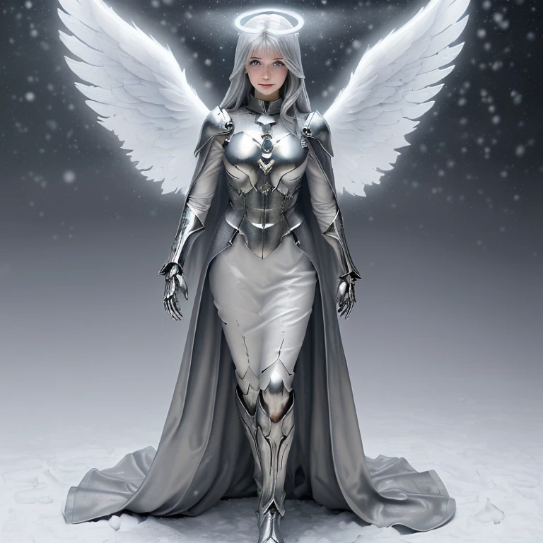 (((medium full shot))), (Masterpiece, photorealistic, photorealism, best quality, ultra-detailed:1.3), (nice hands, perfect hands), official art, cinematic light, (1girl:1.3), adult, ((angel, angel wings)), armor, bangs, blue eyes, blunt bangs, boots, cable, cape, capelet, cloak, closed mouth, coat, day, dress, eyebrows visible through hair, fantasy, full body, gloves, glowing, grey eyes, halo, holding, hood, jewelry, light rays, long hair, long sleeves, looking at viewer, outdoors, science fiction, silver hair, skeleton, sleeves past wrists, smile, snow, solo, standing, statue, white theme, wide sleeves, 
