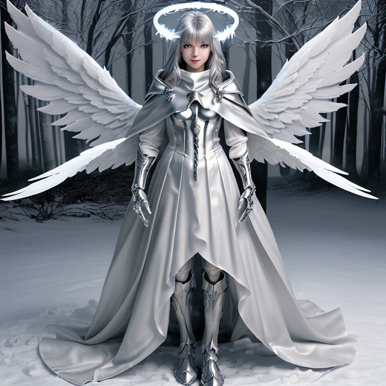 (((medium full shot))), (Masterpiece, photorealistic, photorealism, best quality, ultra-detailed:1.3), (nice hands, perfect hands), official art, cinematic light, (1girl:1.3), adult, ((angel, angel wings)), armor, bangs, blue eyes, blunt bangs, boots, cable, cape, capelet, cloak, closed mouth, coat, day, dress, eyebrows visible through hair, fantasy, full body, gloves, glowing, grey eyes, halo, holding, hood, jewelry, light rays, long hair, long sleeves, looking at viewer, outdoors, science fiction, silver hair, skeleton, sleeves past wrists, smile, snow, solo, standing, statue, white theme, wide sleeves,