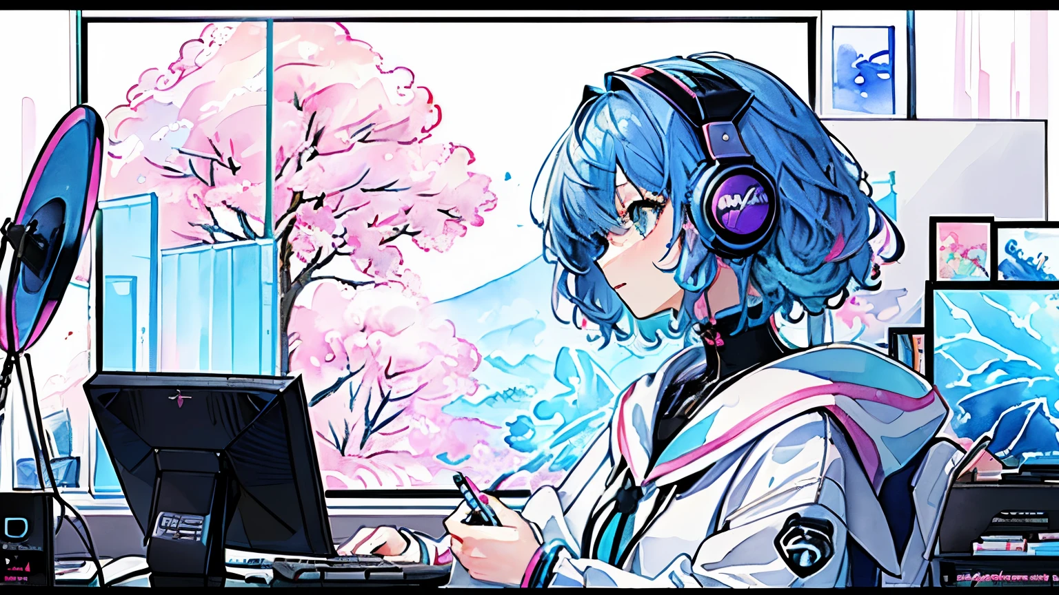 (masterpiece、highest quality、highest quality、Watercolor(Afro)、Official Art、Beautiful and aesthetic:1.2)、(One Girl:1.3)、(Fractal Art:1.3)、Upper body、From the side、cyber punk、Cyberspace、headphone、(Blue colored hair、Colorful Hair、Half Blue、Half pink hair:1.2)、Operating a computer、Looking at the display、performer、bright colored splashes