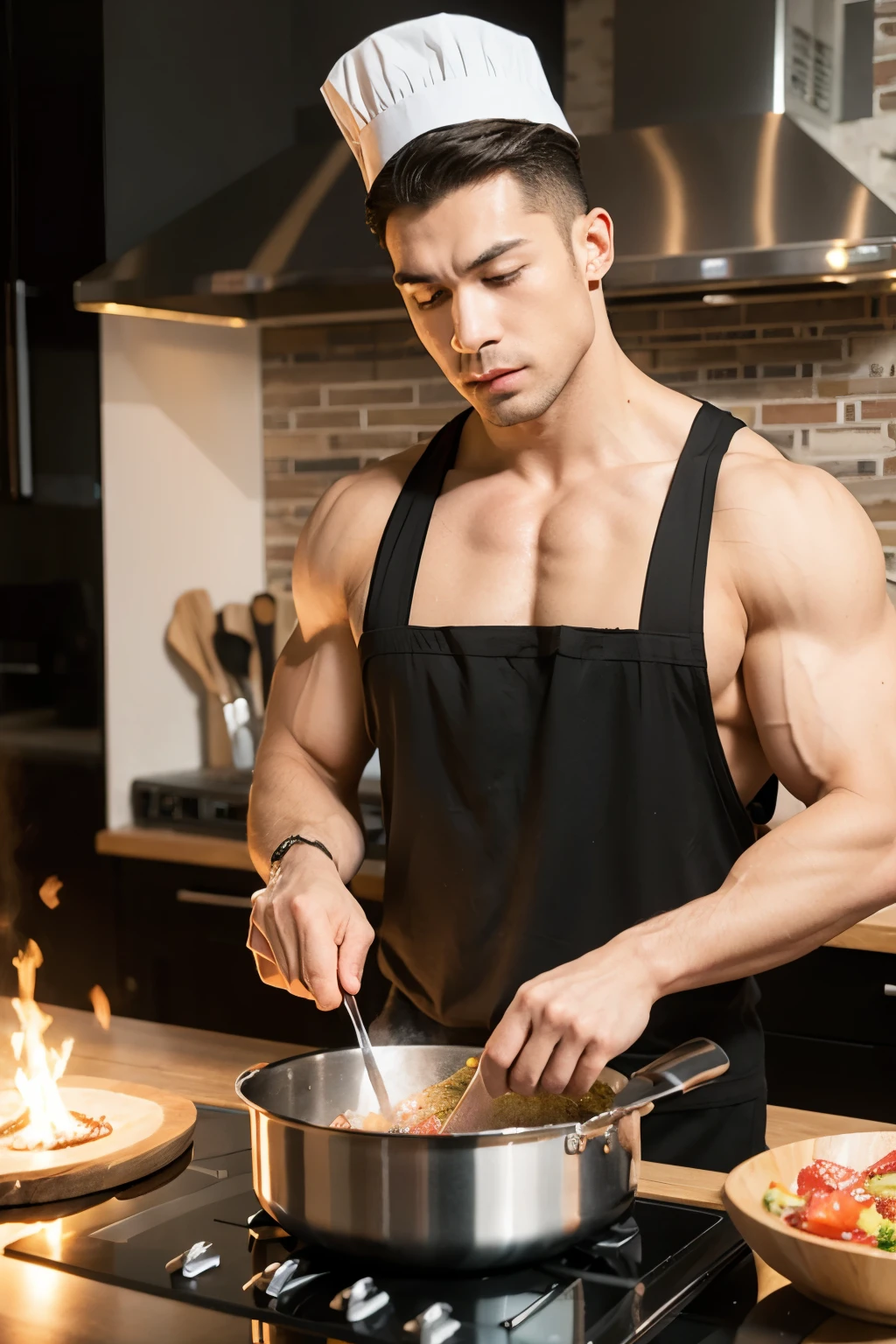 create a image of a bodybuilder cooking