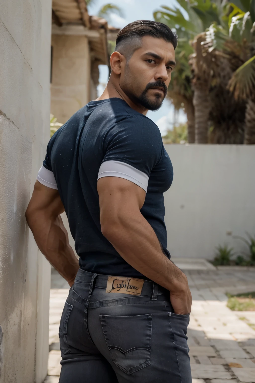 Obra maestra, mejor calidad, ultra detallado, 1 hombre, macho maduro, muscular, Big butt, deportista, , piel bronceada, latino, 36 years old, negro hair, gray fur, barbas de chivo, cabello muy corto de los lados,, serious expression, camiseta gris, cuerpo completo, , ((blue white jeans)) backside man