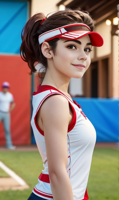 Photo of a 14 year-old american girl, .RAW, beautiful teenage girl, (Long brown hair with ponytail), light brown hair ponytail hairstyle((retrato)), ((Cara detallada:1.2)), ((Detailed facial features)), (Piel finamente detallada)  , (Masutepiece) (proporciones perfectaotos realistas)(La mejor calidad) (Detallado) fotografiado con una EOS R5 de Canon, Lente de 50 mm, f/2.8, NffSW, (8k) (papel tapiz) (cinematic lighting) (Dramatic lighting) (sharp focus) (Enrevesado) senos medianos , pechos medianos , muchas pecas en mejillas y nariz , pecas en pecho, cuerpo completo , hermoso cuerpo de muje adolesente,  lindo maquillaje , gran sonrisa  , mujer delgada escultural , ropa de base ball , uniforme de base ball , foto de cuerpo completo