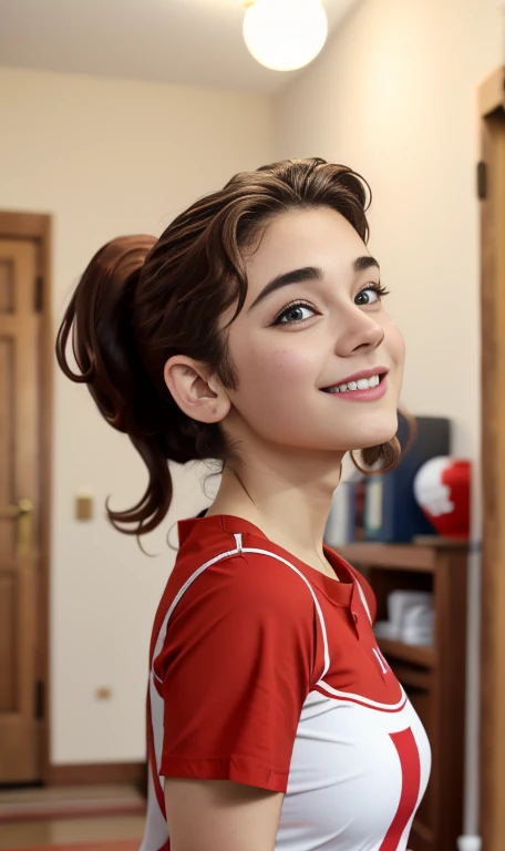 Photo of a 14 year-old american girl, .RAW, beautiful teenage girl, (Long brown hair with ponytail), light brown hair ponytail hairstyle((retrato)), ((Cara detallada:1.2)), ((Detailed facial features)), (Piel finamente detallada)  , (Masutepiece) (proporciones perfectaotos realistas)(La mejor calidad) (Detallado) fotografiado con una EOS R5 de Canon, Lente de 50 mm, f/2.8, NffSW, (8k) (papel tapiz) (cinematic lighting) (Dramatic lighting) (sharp focus) (Enrevesado) senos medianos , pechos medianos , muchas pecas en mejillas y nariz , pecas en pecho, cuerpo completo , hermoso cuerpo de muje adolesente,  lindo maquillaje , gran sonrisa  , mujer delgada escultural , ropa de base ball , uniforme de base ball , foto de cuerpo completo