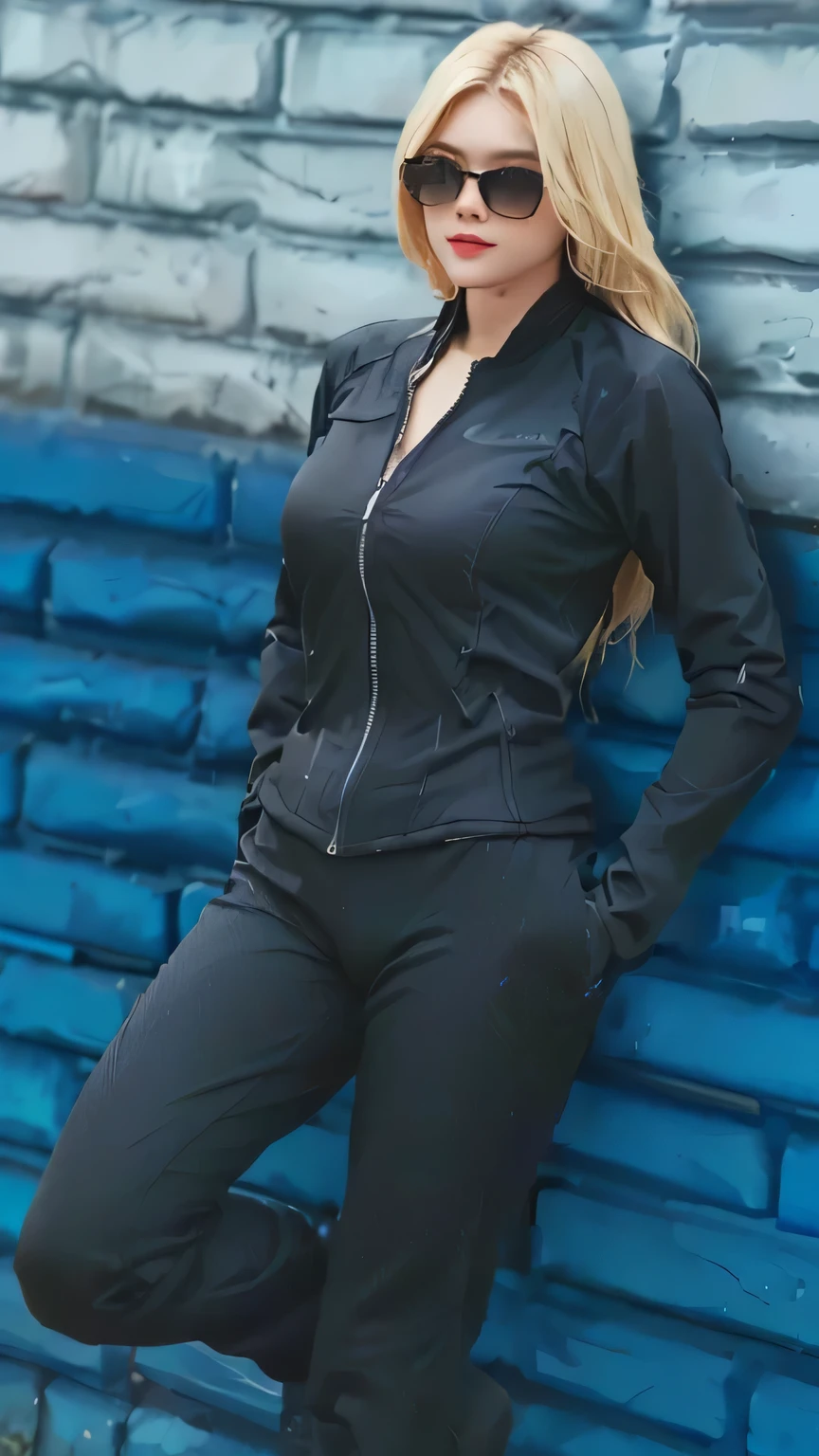 a woman in a black jacket and pants leaning against a blue wall, photograph of a techwear woman, wearing black tight clothing, skintight black clothes, wearing tight suit, sports clothing, catsuit, 2 techwear women, sport clothing, in spandex suit, black canary, black jacket, black undersuit, wearing a black catsuit, black spandex, stealth suit