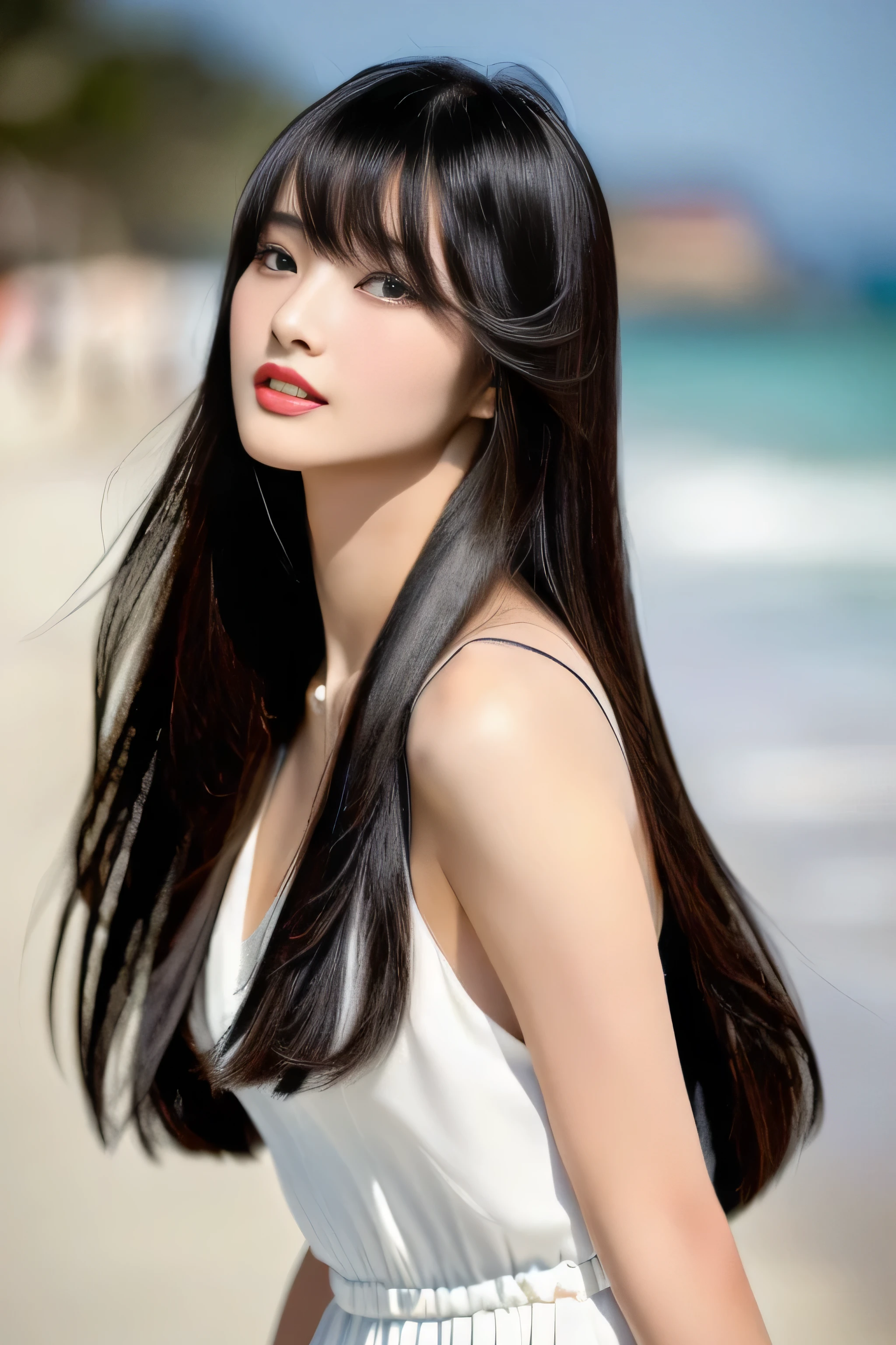 Beautiful 18 year old woman with long dark hair walking on the beach near the ocean, girl with super Long Hair, extremely Long Hair, extra Long Hair, Very long, flowing hair, very Long Hair, Long Hair girl, Very long, flowing black hair, Long Hair windy, Very long black hair, Long, flowing hair, Long and curly hair, with Long Hair, Long Hair!!!! ((Stand in front of a mirror、18 year old Japanese model with long and fine black hair, Her highest quality hair is long and straight., very long, highest quality black hair, length hair in the center, Highest quality long straight hair, length, straight, beautiful, High quality hair, length and free black highest quality straight hair, length Hair, length and straight, highest quality black hair, Perfect silky straight hair of the highest quality, straight, highest quality black hair, length black straight hair, length, Thin black hair Stand in front of a mirror Japanese with long black hair Her hair is long and straight, very long black hair, length hair in the center, length straight hair, length, straight, beautiful hair of the highest quality, length Hair, length, straight black hair, length and free straight black hair, straight black hair)) ((highest quality)) ((masterpiece)), (Familiar) (Get used to it) (She has a perfect face and beautiful hair.) (Her skin is a typical Japanese skin color..........、Very detailed) she is wearing a white dress (She has a beautiful face and a slim figure..) (Her bangs are neatly trimmed、It is straight.) (She has perfect beautiful makeup and face Lipstick is light red) ((Rich 1.4)) (Extremely detailed 8K) (Ultra-fine skin texture 1.4) (Actual, Vibrant:1.4), double eyelid Sharp focus:1.2、Beautiful woman:1.4 Dynamic Lighting (Genuine RAW photos taken by professional photographers) (Her long bangs、Well Organized) (Turn your whole body to the viewer) (She is posing to show the viewer as much hair as possible..:1.3) (Pose to make your hair look as wide as possible) (Pose to make your hair look as wide as possible) (Pose to make your hair look as wide as possible) (Standing pose with back to viewer)