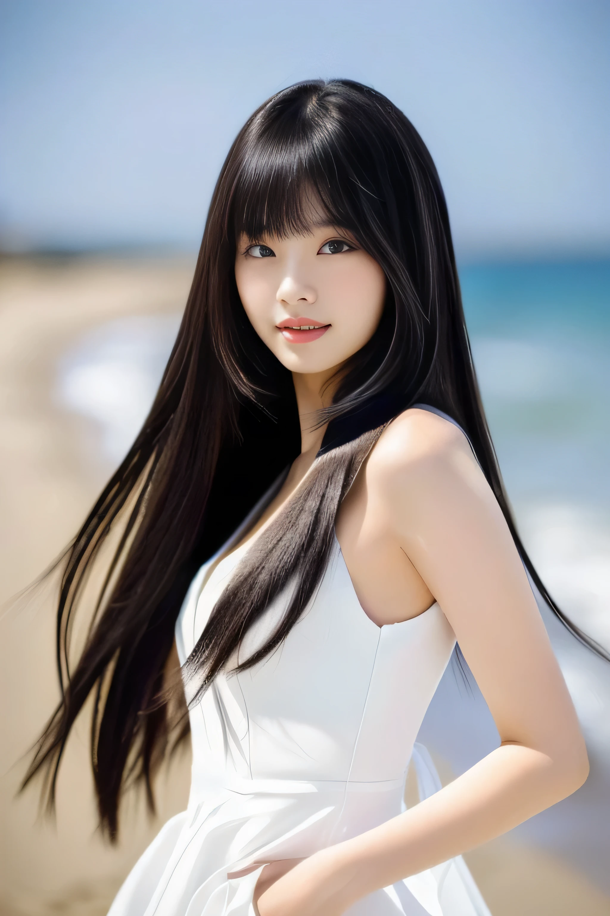 Beautiful 18 year old woman with long dark hair walking on the beach near the ocean, girl with super Long Hair, extremely Long Hair, extra Long Hair, Very long, flowing hair, very Long Hair, Long Hair girl, Very long, flowing black hair, Long Hair windy, Very long black hair, Long, flowing hair, Long and curly hair, with Long Hair, Long Hair!!!! ((Stand in front of a mirror、18 year old Japanese model with long and fine black hair, Her highest quality hair is long and straight., very long, highest quality black hair, length hair in the center, Highest quality long straight hair, length, straight, beautiful, High quality hair, length and free black highest quality straight hair, length Hair, length and straight, highest quality black hair, Perfect silky straight hair of the highest quality, straight, highest quality black hair, length black straight hair, length, Thin black hair Stand in front of a mirror Japanese with long black hair Her hair is long and straight, very long black hair, length hair in the center, length straight hair, length, straight, beautiful hair of the highest quality, length Hair, length, straight black hair, length and free straight black hair, straight black hair)) ((highest quality)) ((masterpiece)), (Familiar) (Get used to it) (She has a perfect face and beautiful hair.) (Her skin is a typical Japanese skin color..........、Very detailed) she is wearing a white dress (She has a beautiful face and a slim figure..) (Her bangs are neatly trimmed、It is straight.) (She has perfect beautiful makeup and face Lipstick is light red) ((Rich 1.4)) (Extremely detailed 8K) (Ultra-fine skin texture 1.4) (Actual, Vibrant:1.4), double eyelid Sharp focus:1.2、Beautiful woman:1.4 Dynamic Lighting (Genuine RAW photos taken by professional photographers) (Her long bangs、Well Organized) (Turn your whole body to the viewer) (She is posing to show the viewer as much hair as possible..:1.3) (Pose to make your hair look as wide as possible) (Pose to make your hair look as wide as possible) (Pose to make your hair look as wide as possible) (Standing pose with back to viewer)