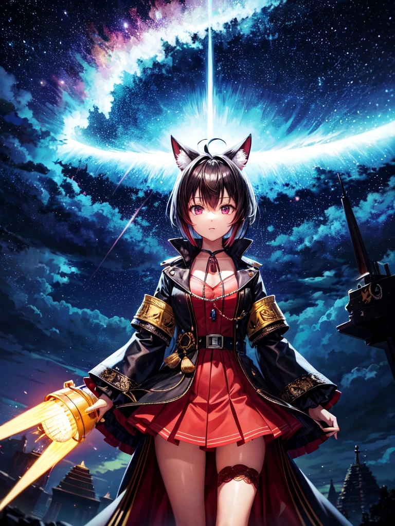 The image shows Nanashi Mumei alone at night in Venezuela, observing the famous phenomenon known as Catatumbo lightning in the distance. She is dressed in a tourist outfit and has a camera to capture the rather wonderful phenomenon. In the picture, lightning can be seen lighting up the night sky as she Nanashi Mumei watches in fascination. The environment is detailed with an impressive recreation of the nocturnal nature of the Zulia state. Everything is animated and the quality is 16k which makes for a stunning and vibrant image.