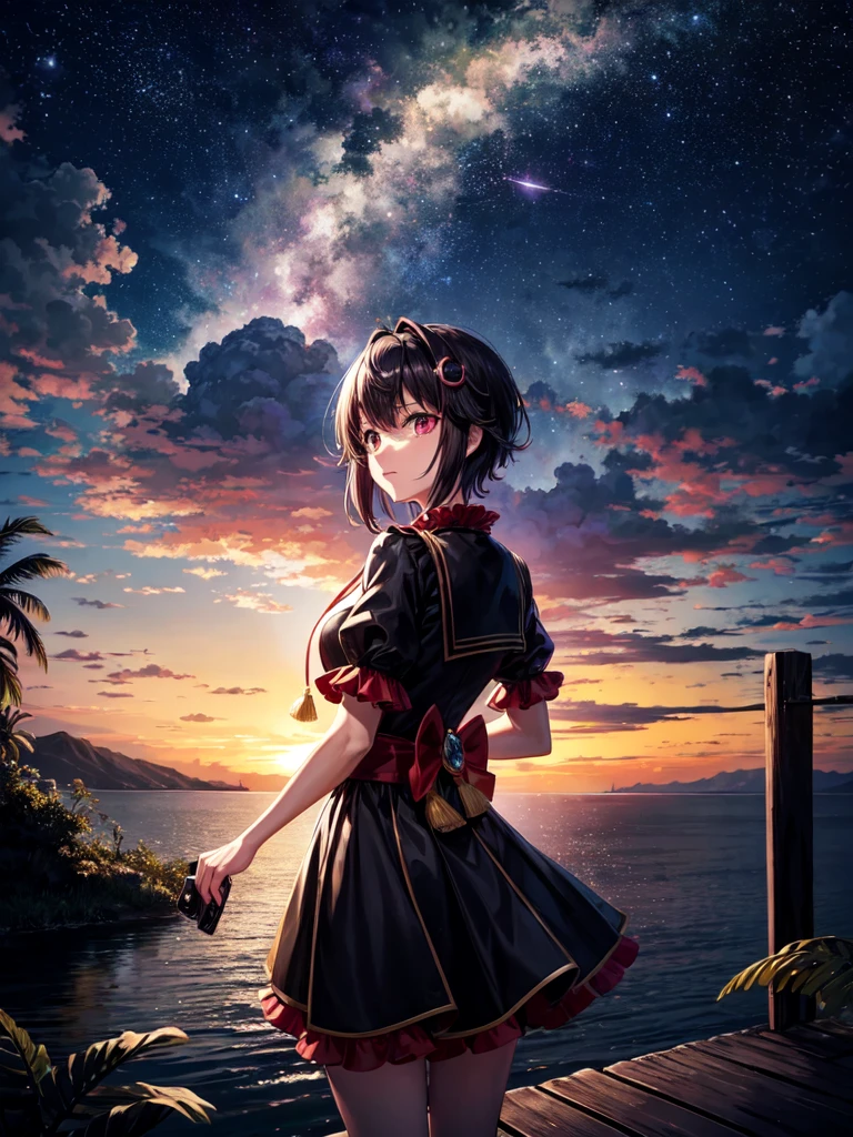 The image shows Nanashi Mumei alone at night in Venezuela, observing the famous phenomenon known as Catatumbo lightning in the distance. She is dressed in a tourist outfit and has a camera to capture the rather wonderful phenomenon. In the picture, lightning can be seen lighting up the night sky as she Nanashi Mumei watches in fascination. The environment is detailed with an impressive recreation of the nocturnal nature of the Zulia state. Everything is animated and the quality is 16k which makes for a stunning and vibrant image.