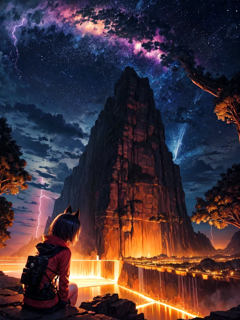 The image shows Nanashi Mumei alone at night in Venezuela, observing the famous phenomenon known as Catatumbo lightning in the distance. She is dressed in a tourist outfit and has a camera to capture the rather wonderful phenomenon. In the picture, lightning can be seen lighting up the night sky as she Nanashi Mumei watches in fascination. The environment is detailed with an impressive recreation of the nocturnal nature of the Zulia state. Everything is animated and the quality is 16k which makes for a stunning and vibrant image.