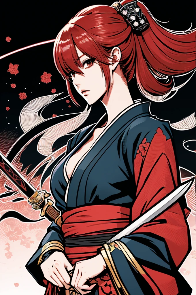 Beautiful hardcore illustration homepage illustration style, dark, High resolution, hard touch illustration, Strong outline, One girl, japanese geisha style, Fuji Mountain, Japan, 8k, American Comic Styles, Colorful background, Hiroyuki Nagasaka, Aggressive, (Sword Drawing Action(1.8)), chambara(1.8), Beautiful Face, Cool Beauty, kimono, Beauty Style, kimonoの衿がはだける(1.5), Cleavage(1.5), Black and Red, Fight, Hard Illustration, Rose red hair, Rose, Samurai, small monster, kimono, (Japanese sword(1.8)),