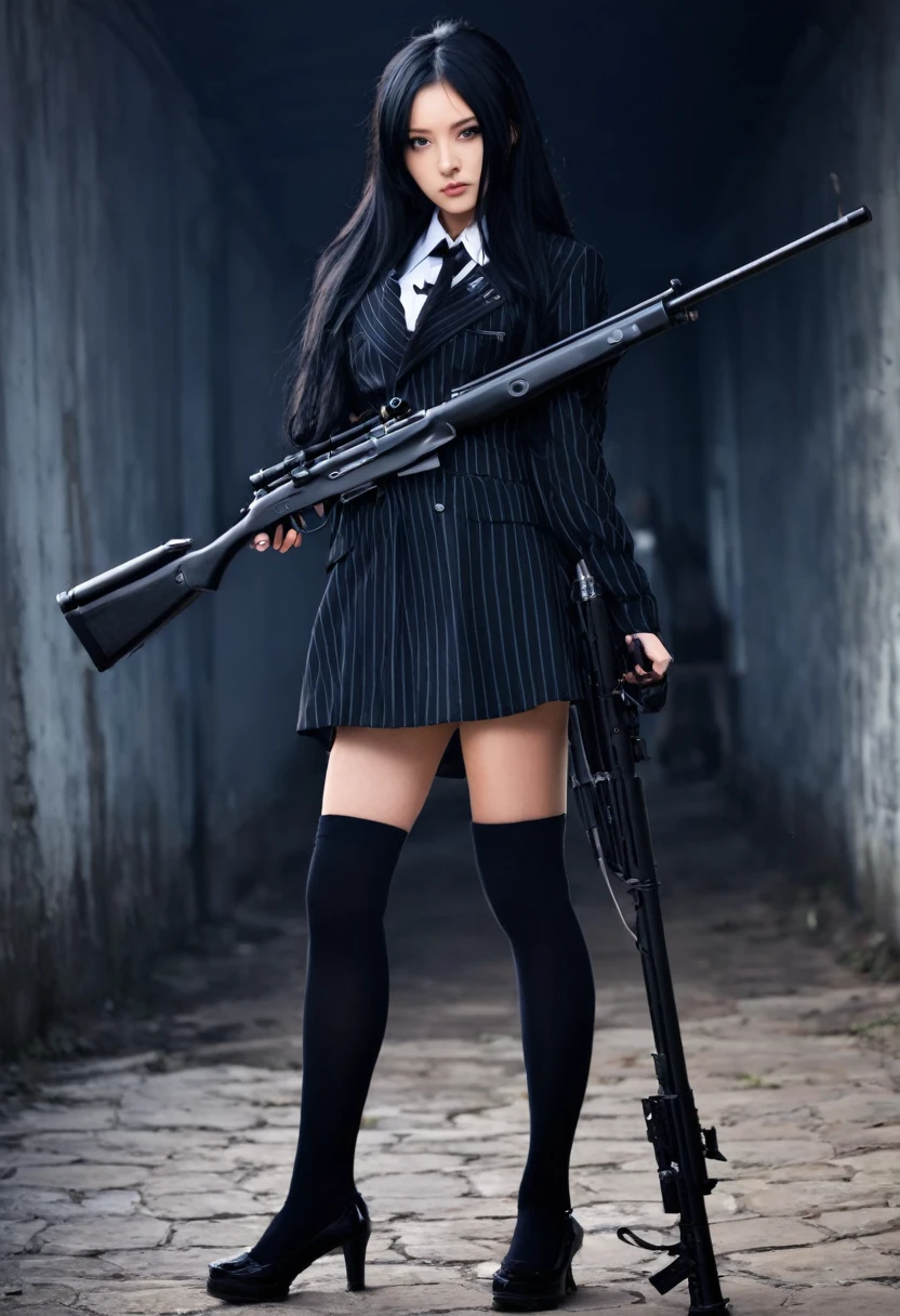 Make a picture of a beautiful anime girl with a height of 144 and wearing long black socks and long black hair with a sharp gaze and wearing mafia clothes holding a sniper rifle.