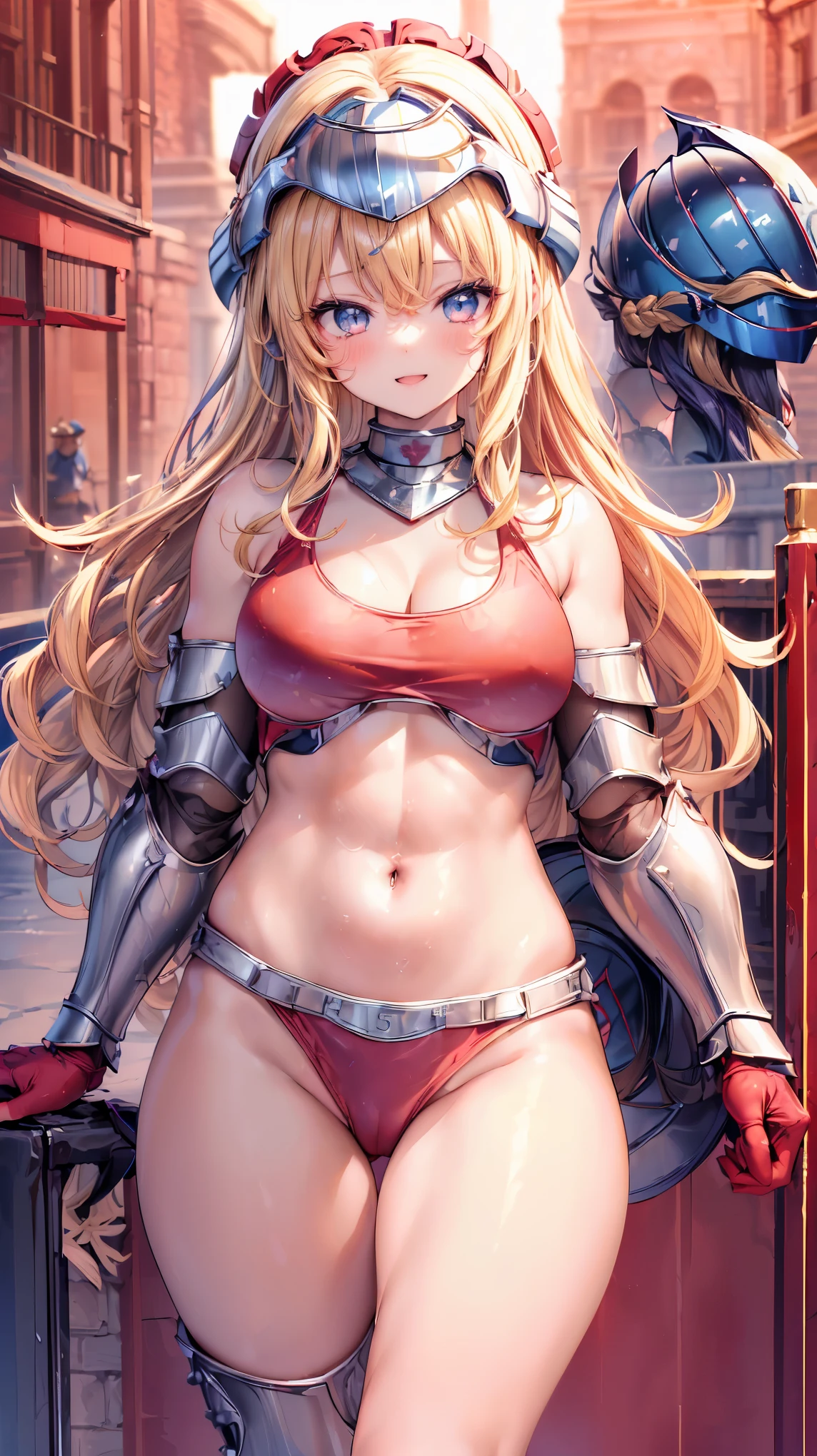 Very detailed、highest quality、Best image quality、masterpiece、8k、Anime Face、A kind smile、Open your mouth、Sparkling blue eyes、(Blonde wavy hair:1.5)、、Muscles of the whole body、camisole、Thigh belt、mini skirt、(Wearing red bikini armor:1.5)、(Cowboy Shot:1.5)、(Leg armor:1.5)、(Wearing a helmet:1.5)