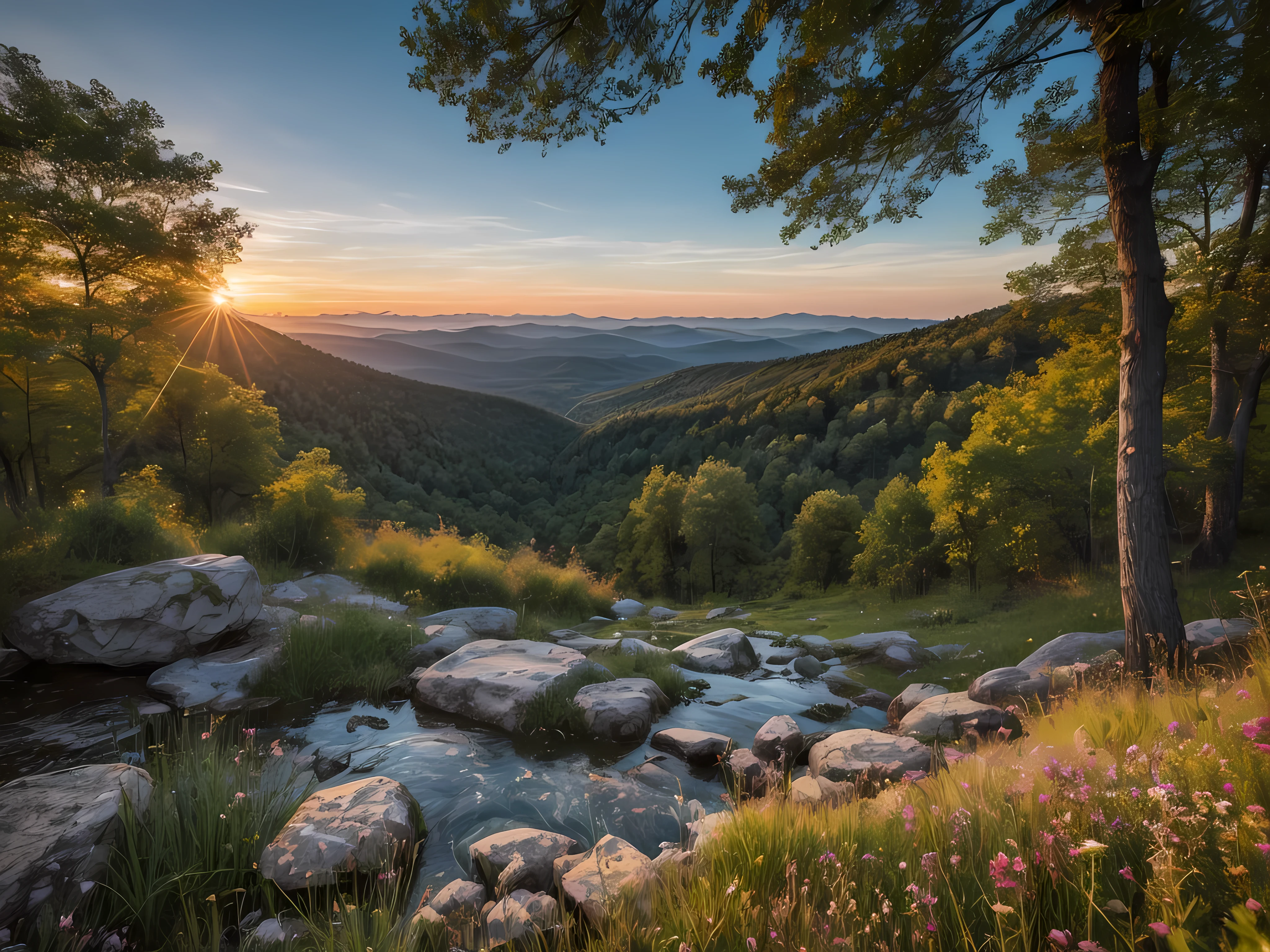 (masterpiece, top quality, best quality, photorealistic, official art, beautiful and aesthetic:1.2)
(60% canvas: blue sky, 40% canvas: Temperate forest) green mountains in the background, panoramic shot, hyperrealistic, masterpiece, small details, photorealistic, ultrarealistic photo, 8k UHD, digital slr camera, Soft lighting, high quality, film grain, vibrant colors, soft lighting