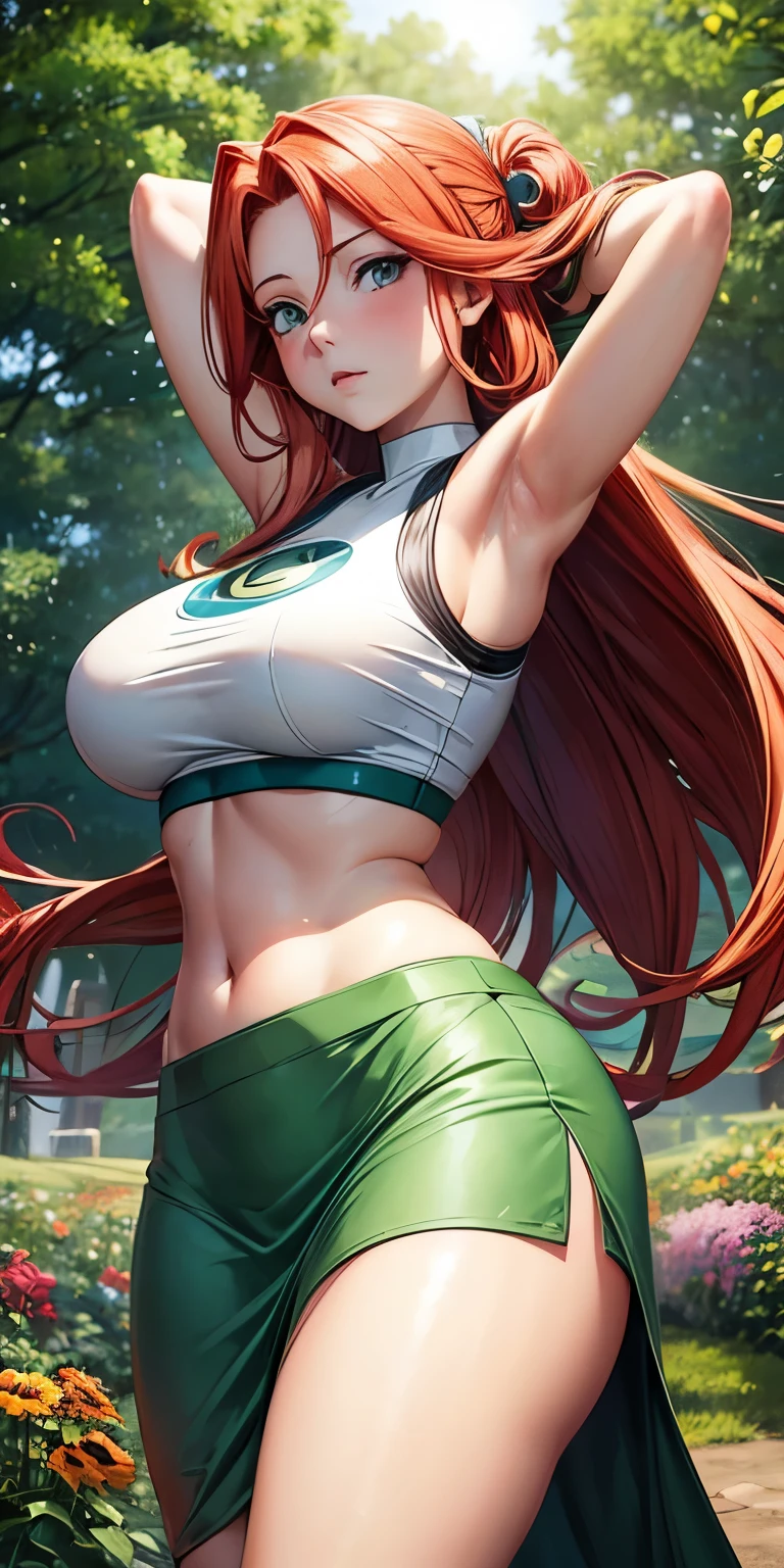 realistic, 1girl, Uzumaki Kushina, red hair, big round breasts. slightly curvy body, sexy body, white skin, blue eyes, crop top, green crop top, skirt, green skirt, blush, evening, flowers, sun, sunshine