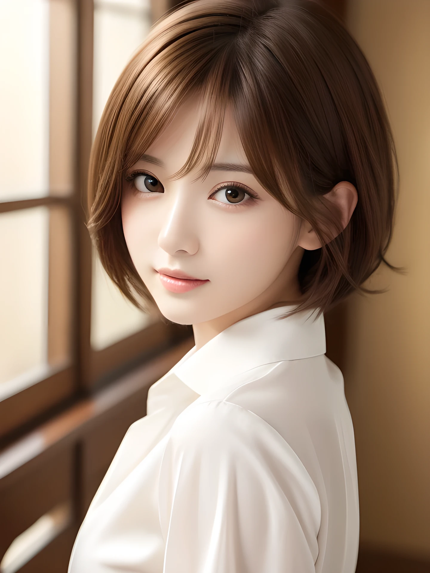 masterpiece, highest quality, High resolution, table top、wallpaper, realistic, bright lighting, professional lighting, face light, smooth lighting, japanese girl, cute, Beautiful girl, gravure, sexy, super beautiful, beautiful skin, beautiful and detailed eyes、detailed face、slim、moderately、short hair、brunette colored hair、brown eyes, look at the camera, Silk shirt,
