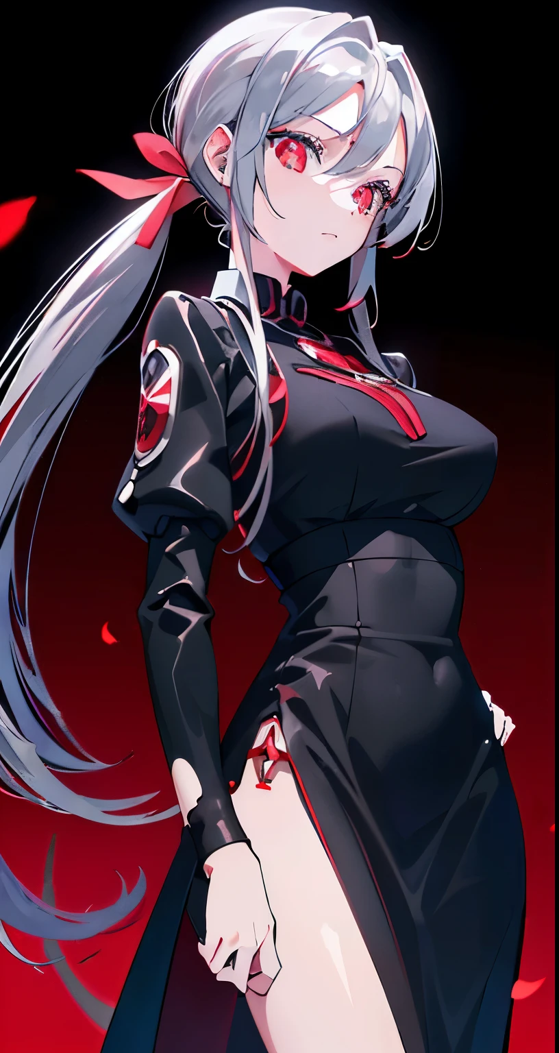 ((Beautiful Beautiful Girl)),(RED color eyes), 1 small, slim woman, Process々Big breasts, ((ash Silver color hair)),((long twin tail Hair)),In 8K, Best quality, (Highly detailed head: 1.0), (Very detailed face: 1.0), (Highly detailed hair: 1.0),((black dress Clothes )),Detailed official artwork, Beautiful detailed anime art,