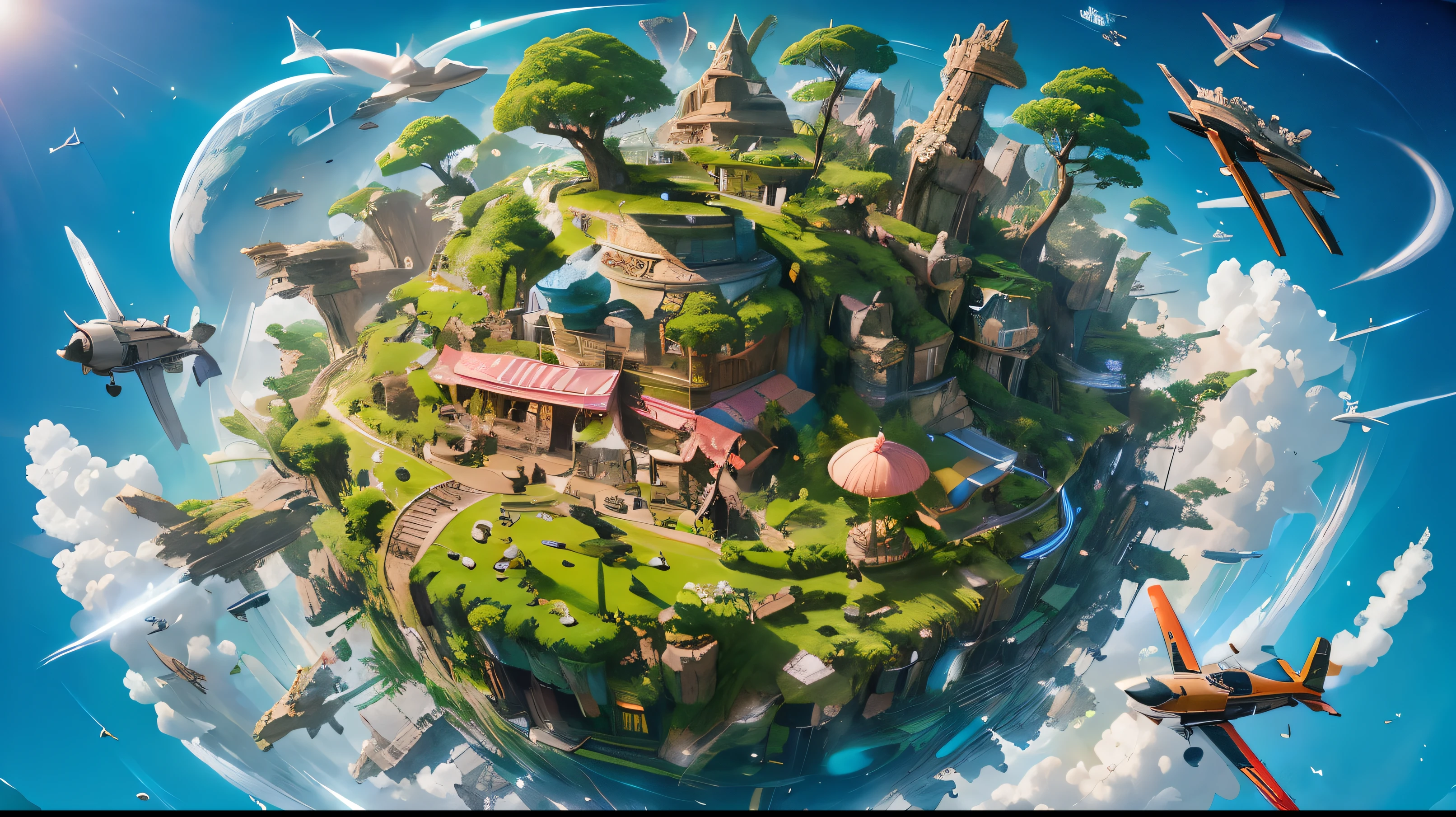 "A small planet about 100 meters in radius is floating in the sky in the style of a Japanese fantasy anime, covered with lush green grass and large trees.So that the entire planet is visible. BREAK  A quaint single-story bar, entwined with white ivy, features prominently with a pink sign reading 'Snack P' next to the entrance. A chibi man and a chibi woman in suits joyously dance on the grass, each holding a beer, as airplanes fly overhead. Alongside them, two characters from a business-themed role-playing game appear: the first character is a male in a suit styled as armor, holding a high-tech laptop like a weapon, exuding strategy; the second character is a female in smart business attire, wielding a smartphone like a wand, surrounded by digital effects symbolizing communication skills. A road diagonally encircles the entire planet, with vehicles like the Honda City and GT2000 driving on it. The image is in a wide 16:9 aspect ratio."
