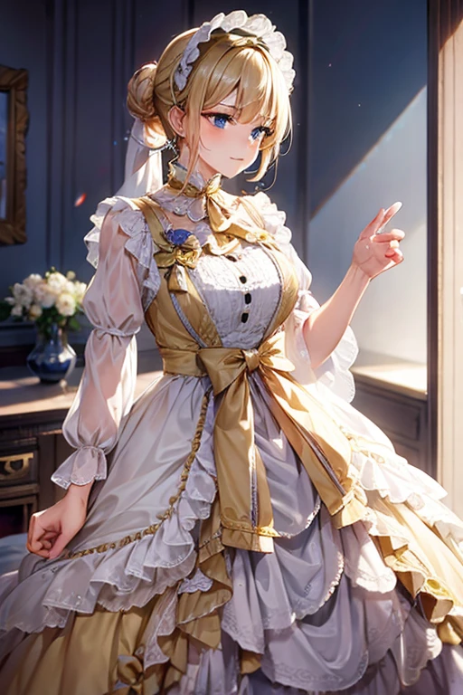 A mature, adult woman in her 40s with Victorian appearance, yellow dress the dress is yellow, blonde hair in a bun, blue eyes, a yellow dress with a low neckline and large breasts, and a chic appearance, beautiful eyes