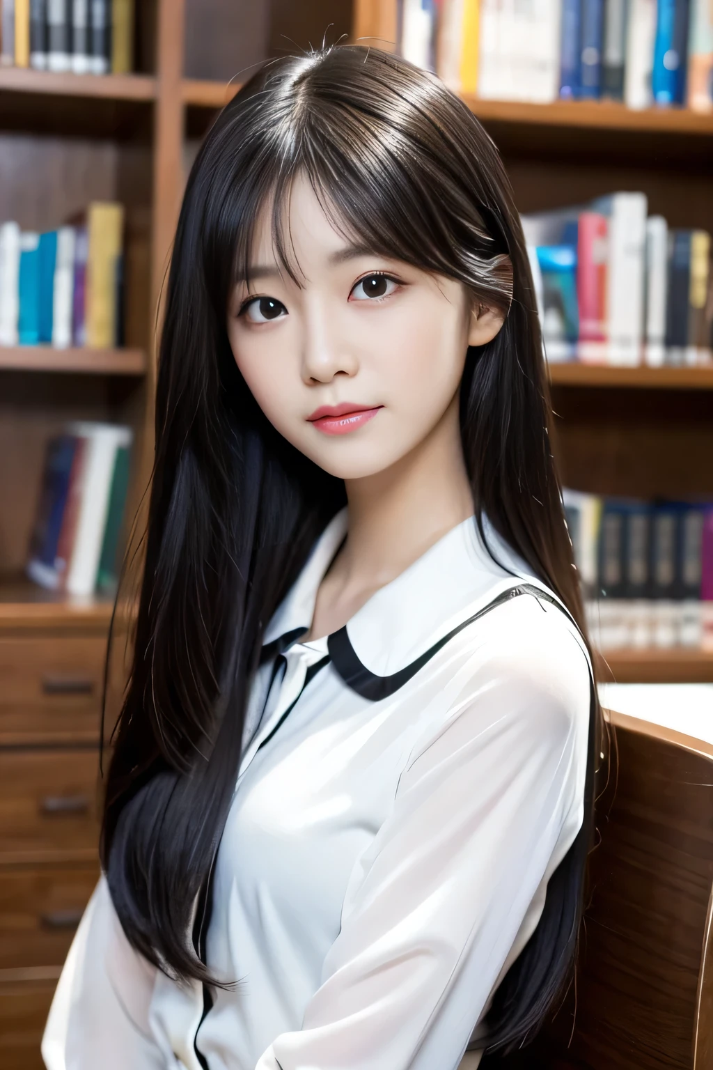 masterpiece, best quality, high resolution, extremely detailed photography, Professional lighting, A woman poses for a photo, Realistic young photo idol, She is about 16 years old, White shirt, Twitch Live, Beautiful adult library fairy, Gogo Dancer, Suki, big collar, beautiful, In the library, Ian Hager, so cute, Kawaii,Black Hair, Straight hair one meter long,smooth hair,Lots of hair,Hair strands are clearly visible,The hair spreads out like a fan,Very thick hair,Top hair quality,Hair is too smooth,Exceptionally smooth hair,Dazzling shine on hair,Smooth hair,8k, Super Detail