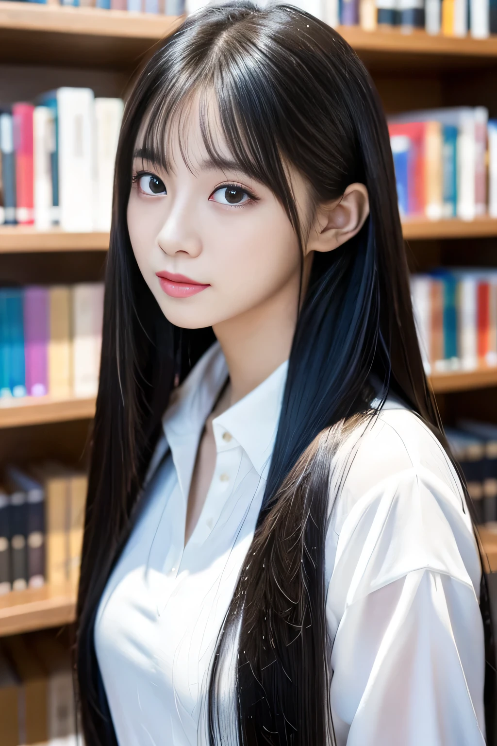 masterpiece, best quality, high resolution, extremely detailed photography, Professional lighting, A woman poses for a photo, Realistic young photo idol, She is about 16 years old, White shirt, Twitch Live, Beautiful adult library fairy, Gogo Dancer, Suki, big collar, beautiful, In the library, Ian Hager, so cute, Kawaii,Black Hair, Straight hair one meter long,smooth hair,Lots of hair,Hair strands are clearly visible,The hair spreads out like a fan,Very thick hair,Top hair quality,Hair is too smooth,Exceptionally smooth hair,Dazzling shine on hair,Smooth hair,8k, Super Detail
