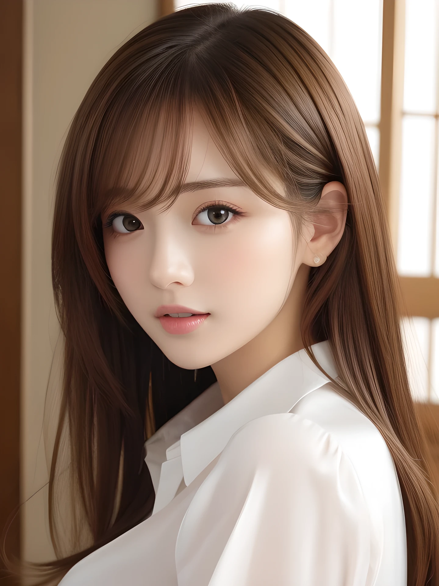 masterpiece, highest quality, High resolution, table top、wallpaper, realistic, bright lighting, professional lighting, face light, smooth lighting, japanese girl, cute, open mouth to say something, Beautiful girl, gravure, sexy, super beautiful, beautiful skin, beautiful and detailed eyes、detailed face、slim、moderately、Half Up hair、brunette colored hair、brown eyes, look at the camera, Silk shirt,