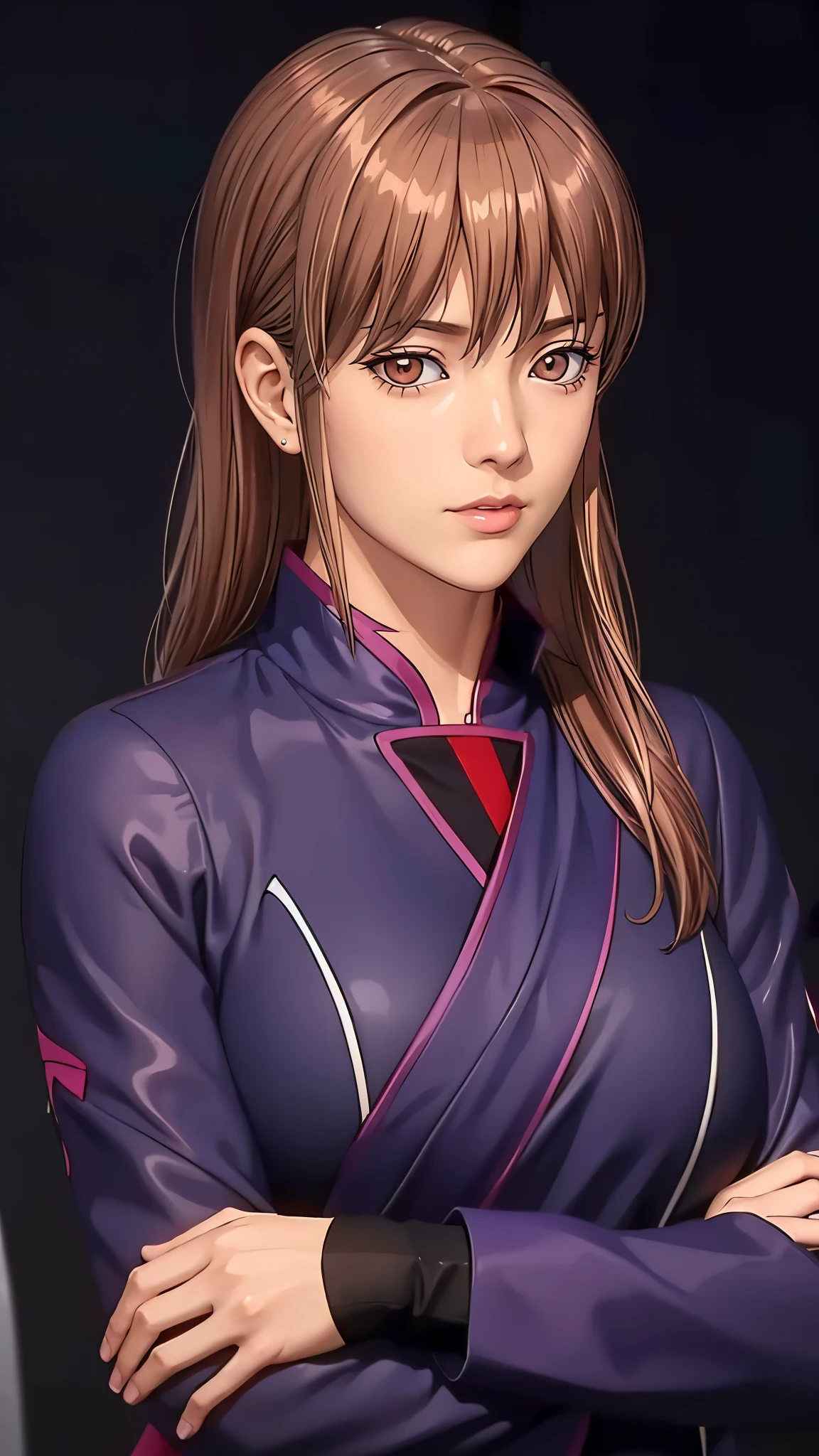 （（（完美figure，figure，solo， （（（suit, purple blue suit ））），（（（mutsu_yato，light brown hair, long hair, brown eyes，））），((masterpiece)),high resolution, ((Best quality at best))，masterpiece，quality，Best quality，（（（ Exquisite facial features，Looking at the audience,There is light in the eyes，(（（Smile））)，））），型figure:1.7））），（（（Light and shadow，））），（（（Looking at the camera，black background））