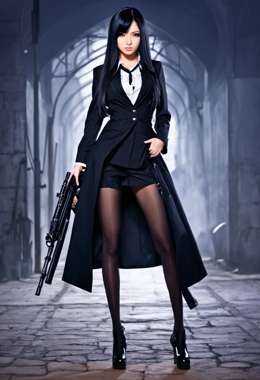 Make a picture of a beautiful anime girl with a height of 144 and long black hair dressed in mafia clothes holding a sniper rifle facing forward and wearing high shoes