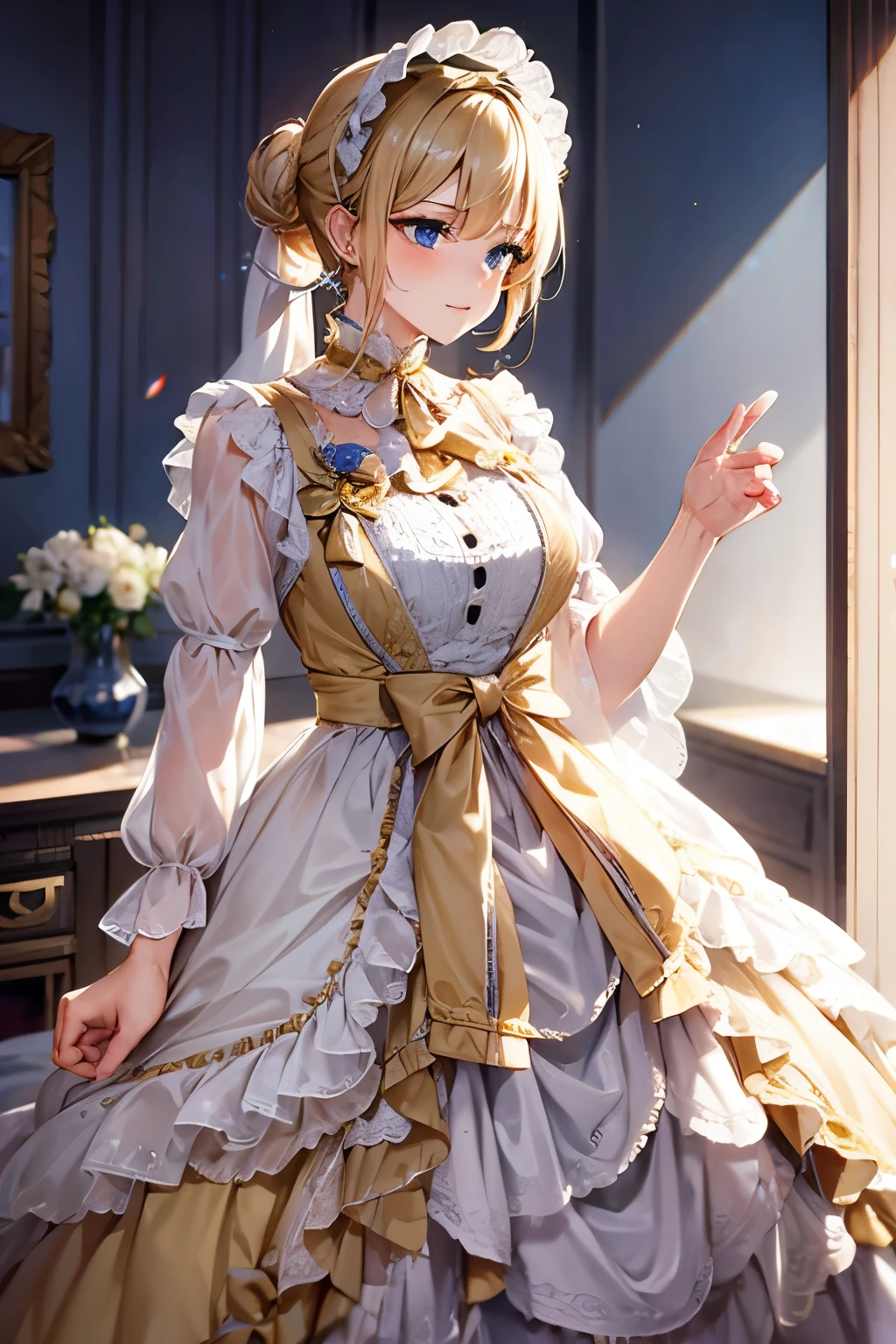 A mature, adult woman in her 40s with Victorian appearance, yellow dress the dress is yellow, blonde hair in a bun, blue eyes, a yellow dress with a low neckline and large breasts, and a chic appearance, beautiful eyes