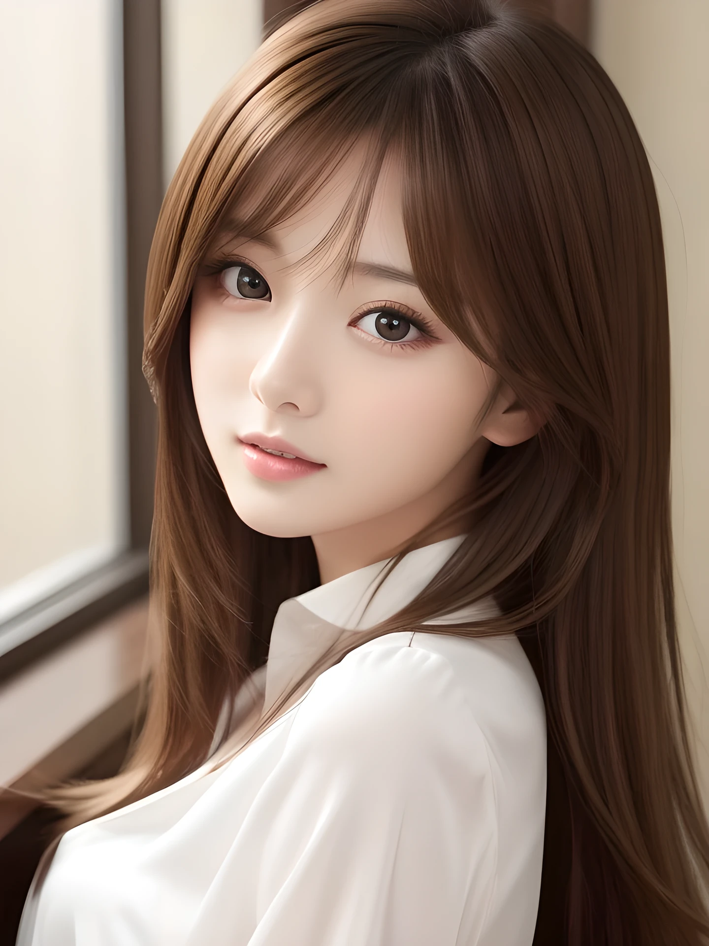 masterpiece, highest quality, High resolution, table top、wallpaper, realistic, bright lighting, professional lighting, face light, smooth lighting, japanese girl, cute, open mouth to say something, Beautiful girl, gravure, sexy, super beautiful, beautiful skin, beautiful and detailed eyes、detailed face、slim、moderately、Half Up hair、brunette colored hair、brown eyes, look at the camera, Silk shirt,