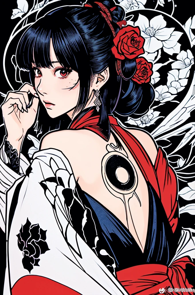 Beautiful hardcore illustration homepage illustration style, dark, High resolution, hard touch illustration, Strong outline, One girl, japanese geisha style, Fuji Mountain, Japan, 8k, American Comic Styles, カラフルなbackground, Hiroyuki Nagasaka, Aggressive, (Sword Drawing Action(1.8)), chambara(1.8), Beautiful Face, Cool Beauty, kimono, Beauty Style, kimonoの衿がはだける(1.5), Cleavage(1.5), Black and Red, Fight, Hard Illustration, Rose red hair, Rose, Samurai, small monster, kimono, (Japanese sword(1.8)), (background:SakuraFubuki(1.8), (mount Fuji(1.6)),blurred),