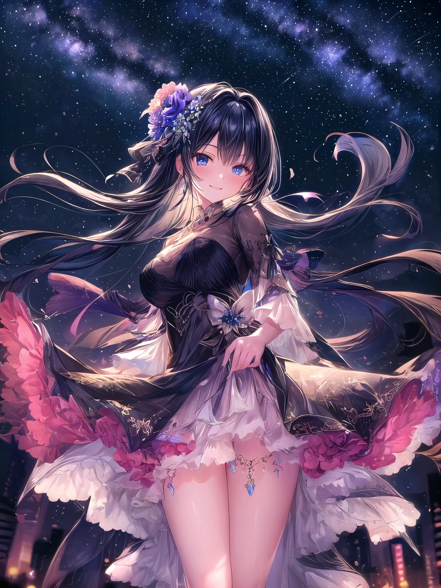 1 girl. Old-fashioned smile. flowerびら.  __flower__. four seasons. Bokeh. close.
Nice body,  beautiful skin. oily skin. Very delicate and beautiful. Super detailed. Clear Eyes. 
光がShine. Mysterious atmosphere. Subsidy light.
Milky Way. January . starry sky. Twilight Time . city. __Scenario Fantasy__.
__haircolor__ hair, __hairstyle__,  __Eye color__ Eye color. __skin-color__ skin.  Lentife Flare, Shine, embroidery, accessories, jewelry, reflection, refraction, __dress__, Night Sky, starry sky, star.
 