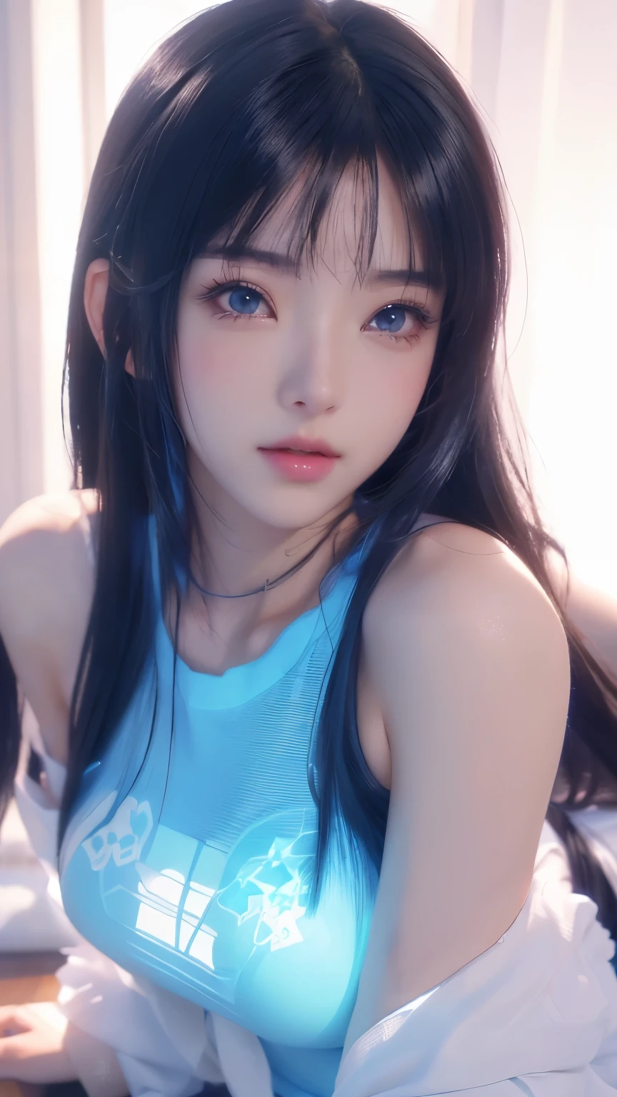 Alafide Asian woman wearing sky blue transparent top posing in front of camera, Charming anime girl, Realistic Anime girl render, Realistic Anime 3D 风格, Realistic Anime, Sexy portrait of Tifa Lockhart, 3D animation is realistic, Realistic young anime girl, Smooth anime CG art, Charming anime girl, Surrealist anime, Beautiful charming anime woman, Beautiful anime girl