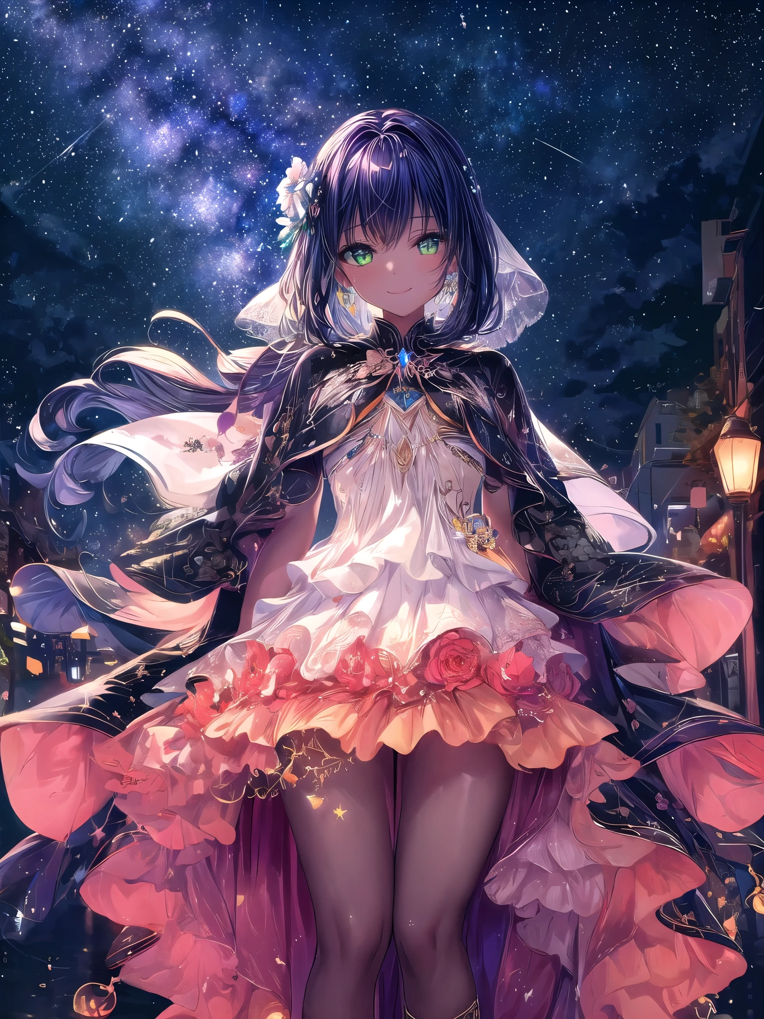 1 girl. Old-fashioned smile. flowerびら.  __flower__. four seasons. Bokeh. close.
Nice body,  beautiful skin. oily skin. Very delicate and beautiful. Super detailed. Clear Eyes. 
光がShine. Mysterious atmosphere. Subsidy light.
Milky Way. January . starry sky. Twilight Time . city. __Scenario Fantasy__.
__haircolor__ hair, __hairstyle__,  __Eye color__ Eye color. __skin-color__ skin.  Lentife Flare, Shine, embroidery, accessories, jewelry, reflection, refraction, __dress__, Night Sky, starry sky, star.
 