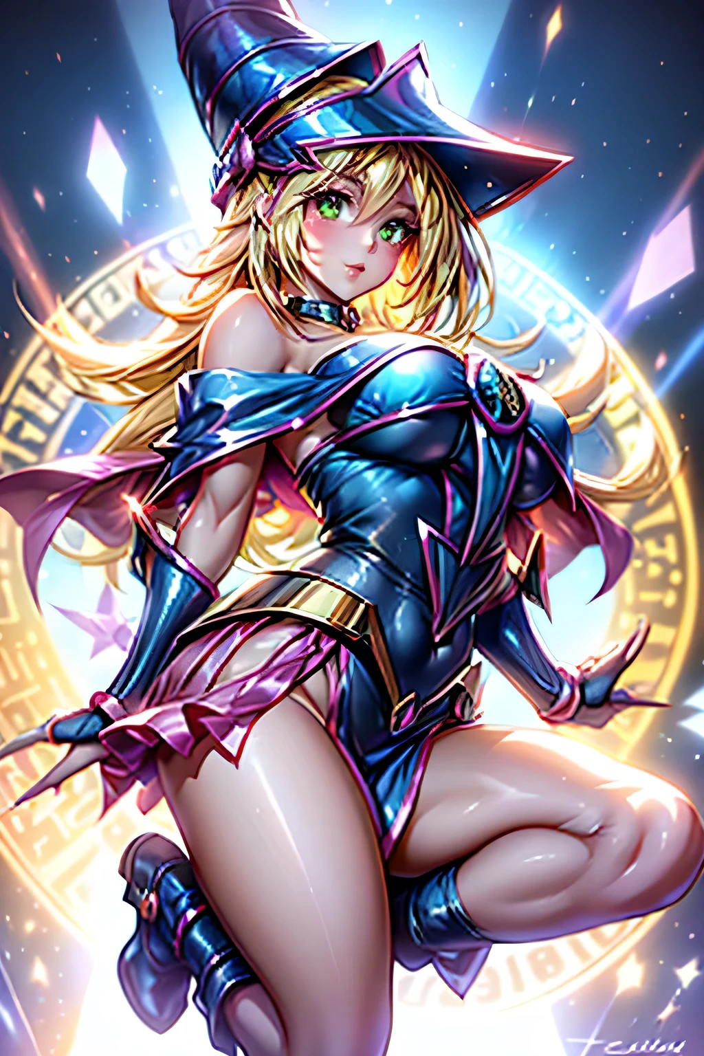 (Obra maestra:1.2), (La mejor calidad:1.2), Perfect lighting, Chica Maga Oscura lanzando un hechizo, flotando en el aire, Levitating over a magic circle , Portal de Circle, tetas grandes, escote abierto, fondo de magia. Pose sejustiva y sexy. Fuegos artificiales de fondo. dragon armaguedon