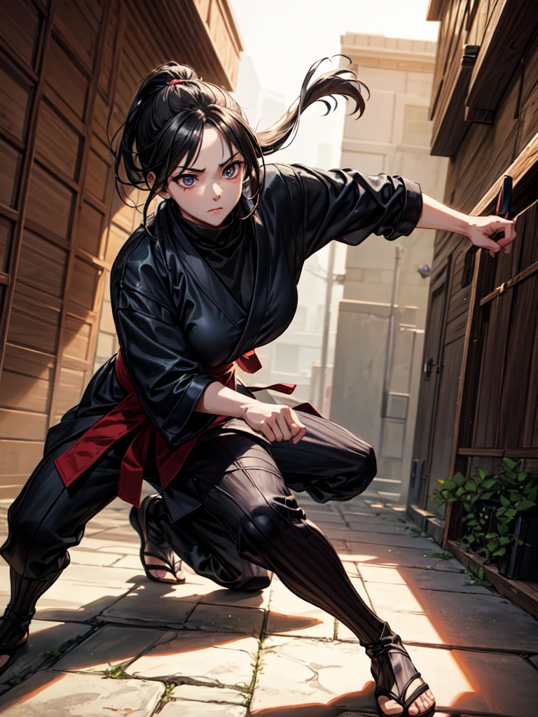 A Japanese ninja woman sneaks into a mansion to carry out a mission, is spotted by a guard and prepares for battle, A Japanese ninja woman, sneaking into a mansion to carry out a mission, in a fighting stance in the mansion's garden, with a dagger drawn, in a low stance, night, black hair, ponytail, shiny hair, beautiful face, beautiful eyes, cinematic lighting, super fine illustration, masterpiece, 8k, best quality, super detailed, Ghibli-esque shades, highres, warm lighting, jet black world