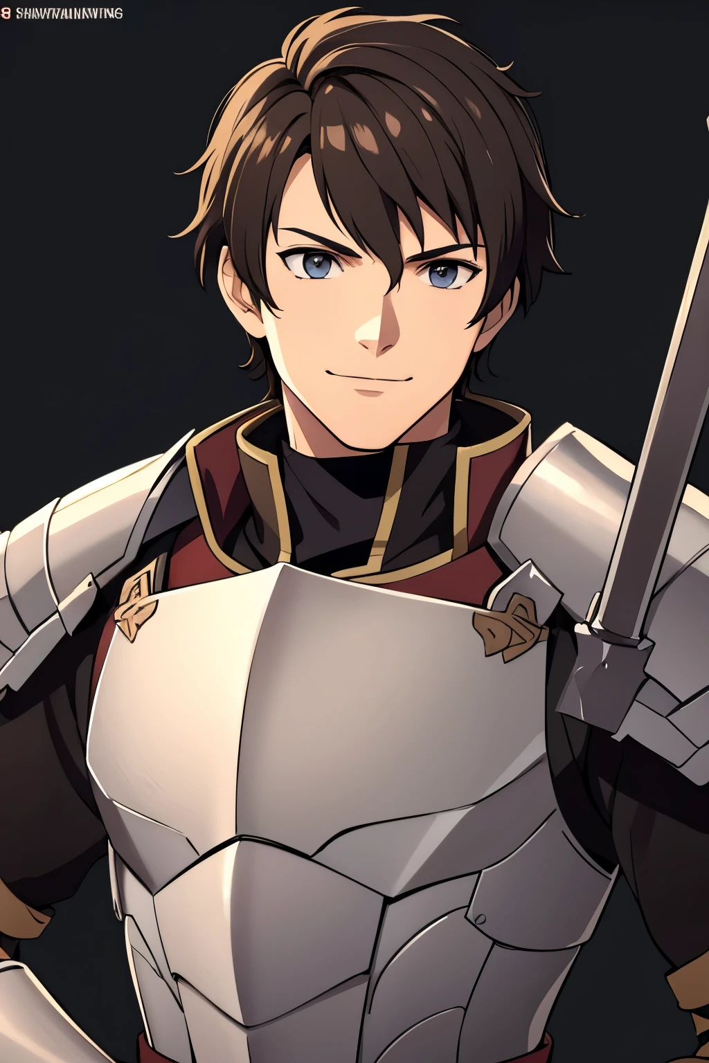 (high-quality, breathtaking),(expressive eyes, perfect face) 1male, boy, solo, portrait, Fire Emblem Awakening, Symmetrical Eyes, black background, dark Brown hair color, short hair length, messy wavy hair, upper body, dark brown eyes, detailed eyes, masculine face, positive expression, charming smiling,  Fredrick (Fire Emblem: Awakening), brown and grey armor, weapon, breastplate, polearm, gauntlets, shoulder armor, pauldrons, upper body, Hairstyle like Lukas Notos Greyrat, shaggy hairstyle
