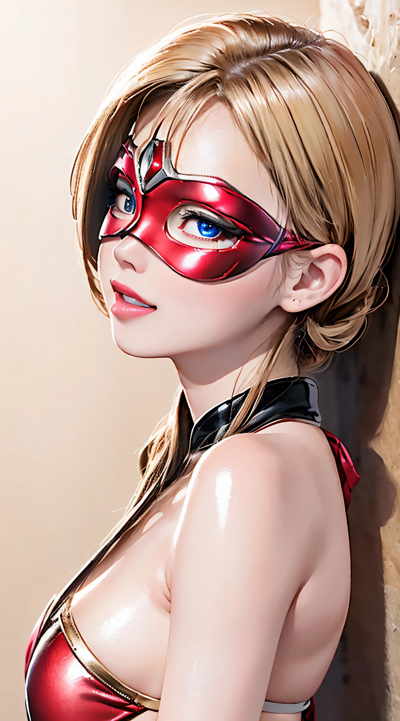 (8K, RAW Photos, of the highest quality, Masterpieces: 1.2), (Realistic, Photorealistic: 1.37),, beautiful (((Japanese cute idle))), ((best quality)), professional lighting, highres, 35 mm lens, f 1/1.4, , blonde streaked braid hair, round face, short neck, supergirl, (looking at viewer), (detailed face:1.2), (full body:1.3), (red sparkly plunk lips:1.1), realistic painting, intricate, (realistic eye:0.9), (realistic painting:0.9), beautiful shine blue eyes, (flat chest:0.8), ((small breasts)), smile, embarrassed, strong morning direct light, clean nasal bridge, frozen, soft tits, (sparkly red bikini with loose front opening:1.1), armpit, golden bracelets, (many small fine ice crystals:1.1), ribs are faintly visible, bathing, in pool, (shiny skin:1.2), (shiny silky white blonde:1.2), , dark purple eyeshadow, The mouth is visible, glowing lipstick, bilaterally symmetrical, open eyes, shoulder armor,
BREAK,
Highest Quality, Ultra High Resolution, light leaks, Dynamic lighting, Slim and smooth skin, (extreme close-up shot:1.3), bright expression, pink, kawaii, cute, young and shiny white shiny skin, Best Looks, Gold reflects light, Platinum blonde hair, Shine brightly, Shiny light hair, (medium hair:1.2), hair tied around her shoulders, silky straight hair, Beautiful bangs that shine, Big blue eyes sparkling, shiny red lips, Like crystal clear, mesmerising, Very nice and lovely 18 year old girl, Lush bust, underboob, Hair is through strong light, (extremely super Erotic:1.15), (Bare chest:1.2), (Small breasts:1.2), Under the breasts, narrow waist, narrow shoulders, gazing at viewer, shiny red bikini, (shiny red knee-high boots:1.4), well-formed, Big smile, very oily skin, hand is thumb and four fingers, outdoors, long eyelashes, round face, (licking shot from below:1.3), (shiny red eye mask:1.38)