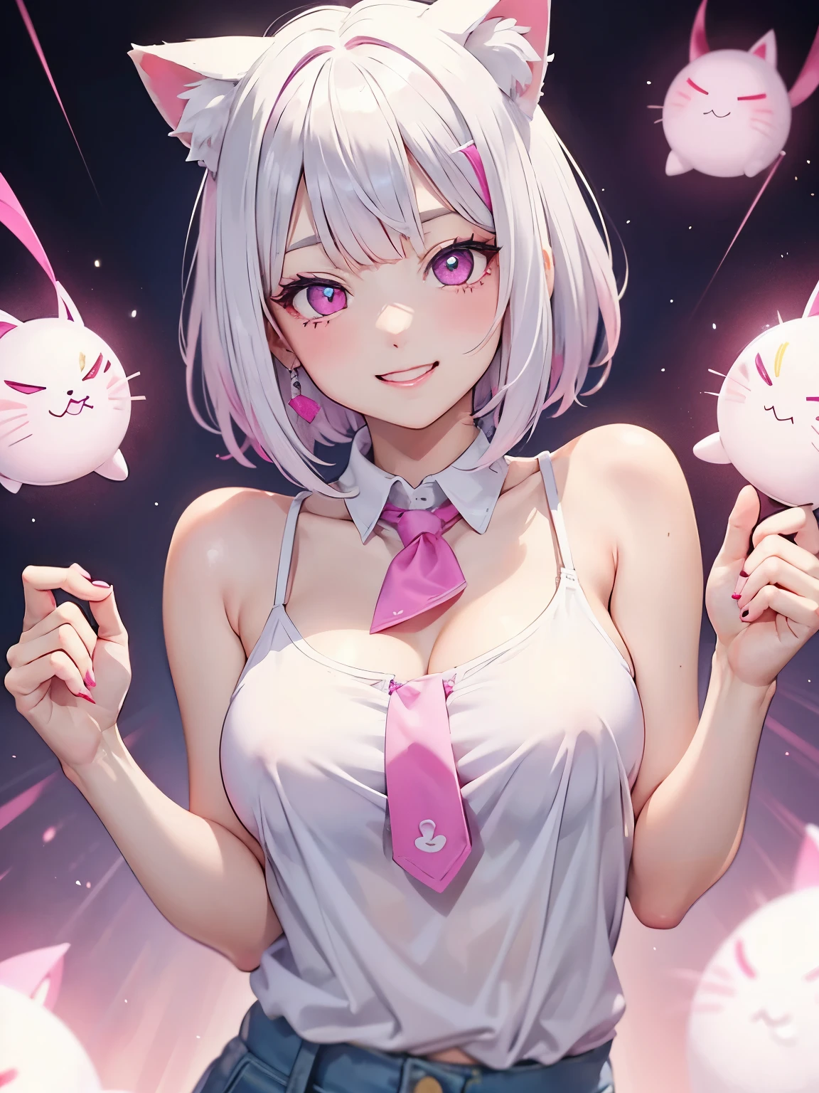 White hair. Short hair. Inner pink hair. Anime girl. Pink eyes. Glowing eyes. Nekomimi. Smilling wink. Tanktop. Pink tie. Small breast.