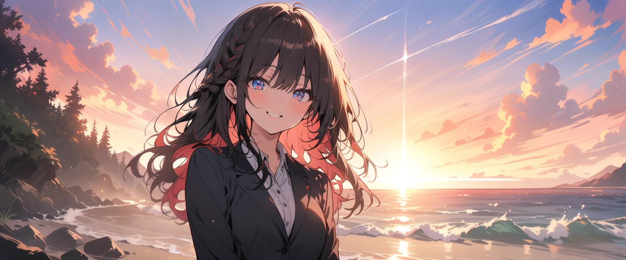 (masterpiece, 最high quality:1.2), Everyday Scenes, Movie Scenes, only one girl、One girl(high quality, Breathtaking),(Delicate eyes, 最high qualityな顔), sunset、Cowboy Shot,Close your eyes and smile、Black hair × Blue eyes、fish-bone braid hair、Black long sleeve blazer,Black pleated skirt、Knee-high socks、loafers