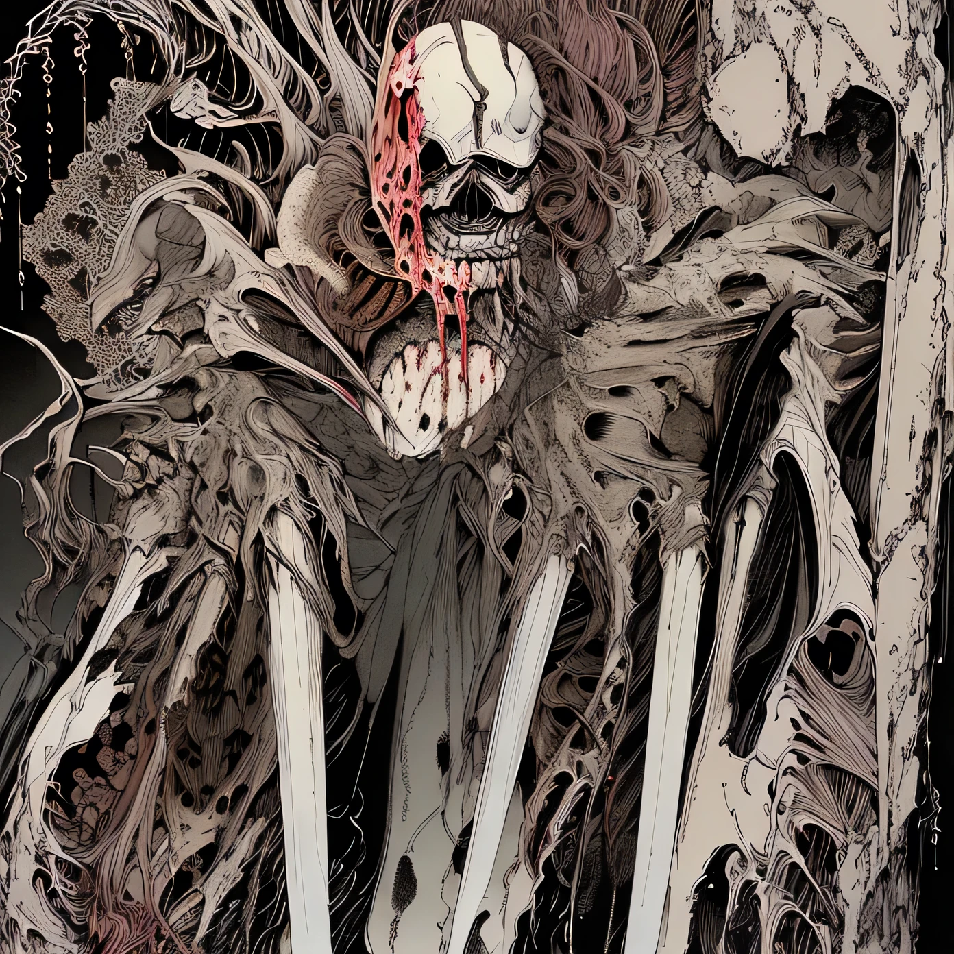 wetlands,woman in mud,outstretched_arm,(close-up:1.2),pov,smile,body horror,tentacles,(skeleton0.5),ChocolateWetStyle
