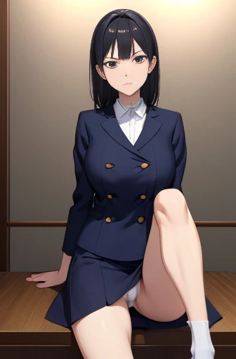 (unity 8k wallpape),(best quality),(high resolution),(ultra-detailed),(perfect anatomy),(beautiful detailed eyes),japanese mature,Beauty,slender,50yo,house wife,black hair,middlehair,flight attendant,Navy blue uniform,mini skirt,White panties,cameltoe,(panty shot),Sitting in a chair,(Legs slightly apart),Glaring at me,Looks uncomfortable,