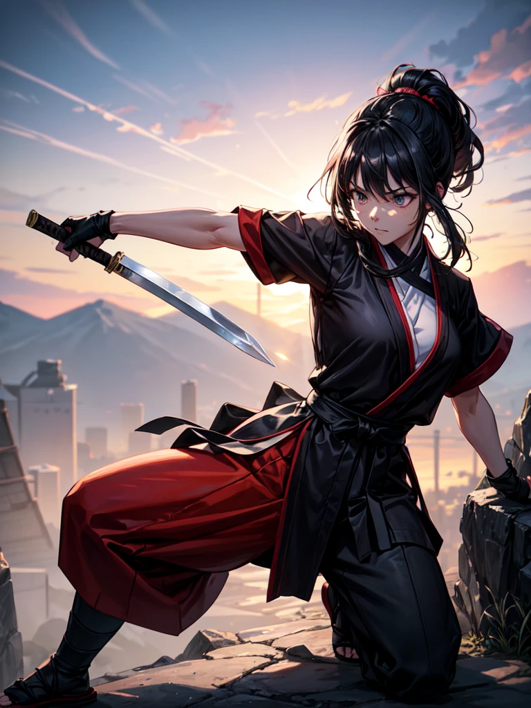 A Japanese ninja woman sneaks into a mansion to carry out a mission, is spotted by a guard and prepares for battle, A Japanese ninja woman, sneaking into a mansion to carry out a mission, in a fighting stance in the mansion's garden, with a dagger drawn, in a low stance, night, black hair, ponytail, shiny hair, beautiful face, beautiful eyes, cinematic lighting, super fine illustration, masterpiece, 8k, best quality, super detailed, Ghibli-esque shades, highres, warm lighting, jet black world