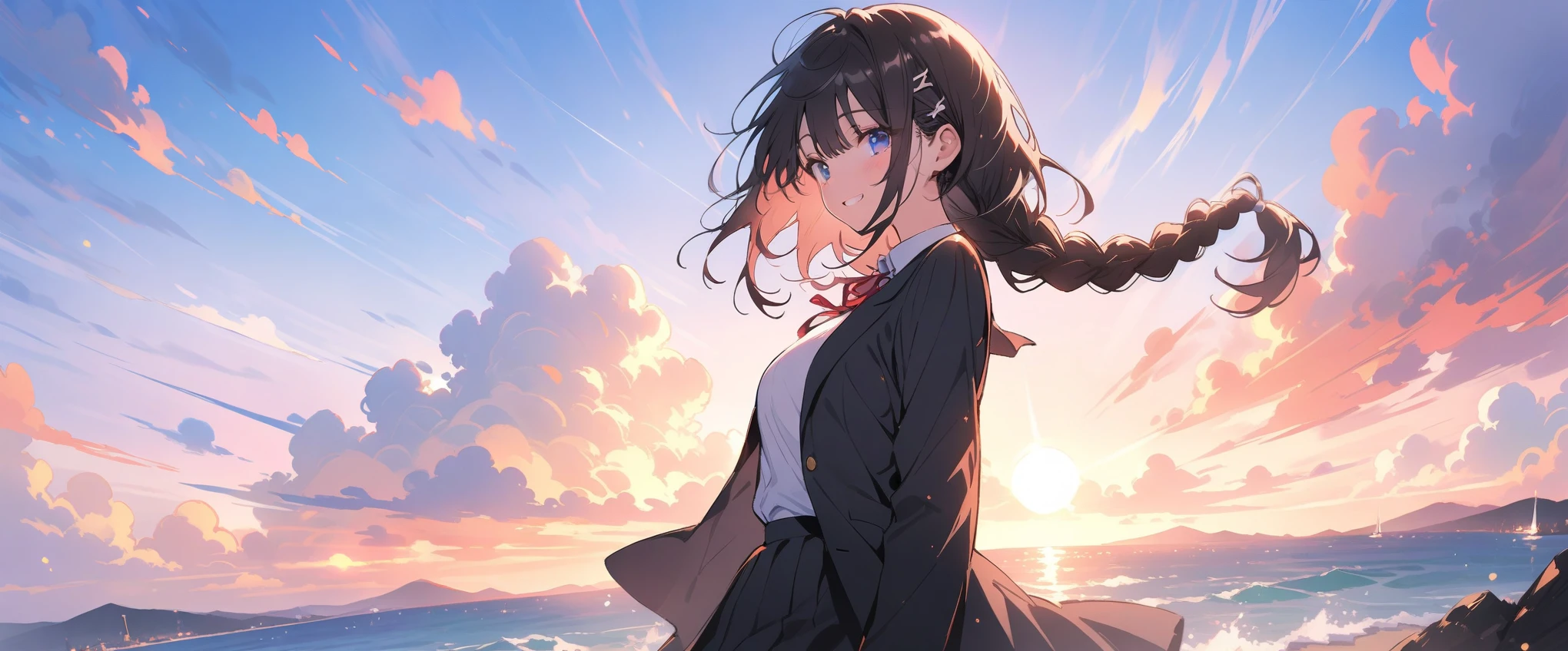 (masterpiece, 最high quality:1.2), Everyday Scenes, Movie Scenes, only one girl、One girl(high quality, Breathtaking),(Delicate eyes, 最high qualityな顔), sunset、Cowboy Shot,Close your eyes and smile、Black hair × Blue eyes、fish-bone braid hair、Black long sleeve blazer,Black pleated skirt、Knee-high socks、loafers